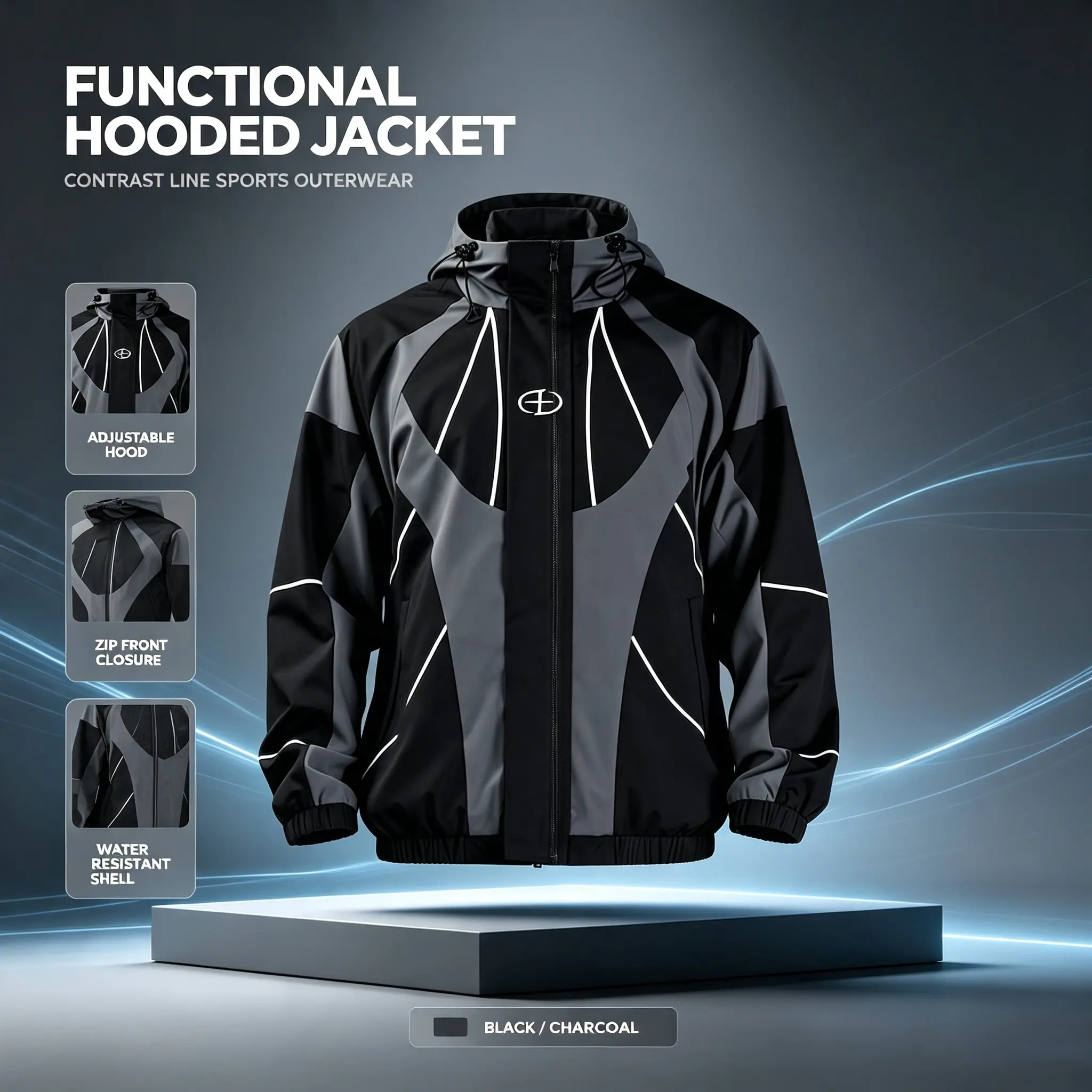 Men's Color Block Hooded Windbreaker Geometric Line Street Jacket Zip Up Hip Hop Loose Outerwear