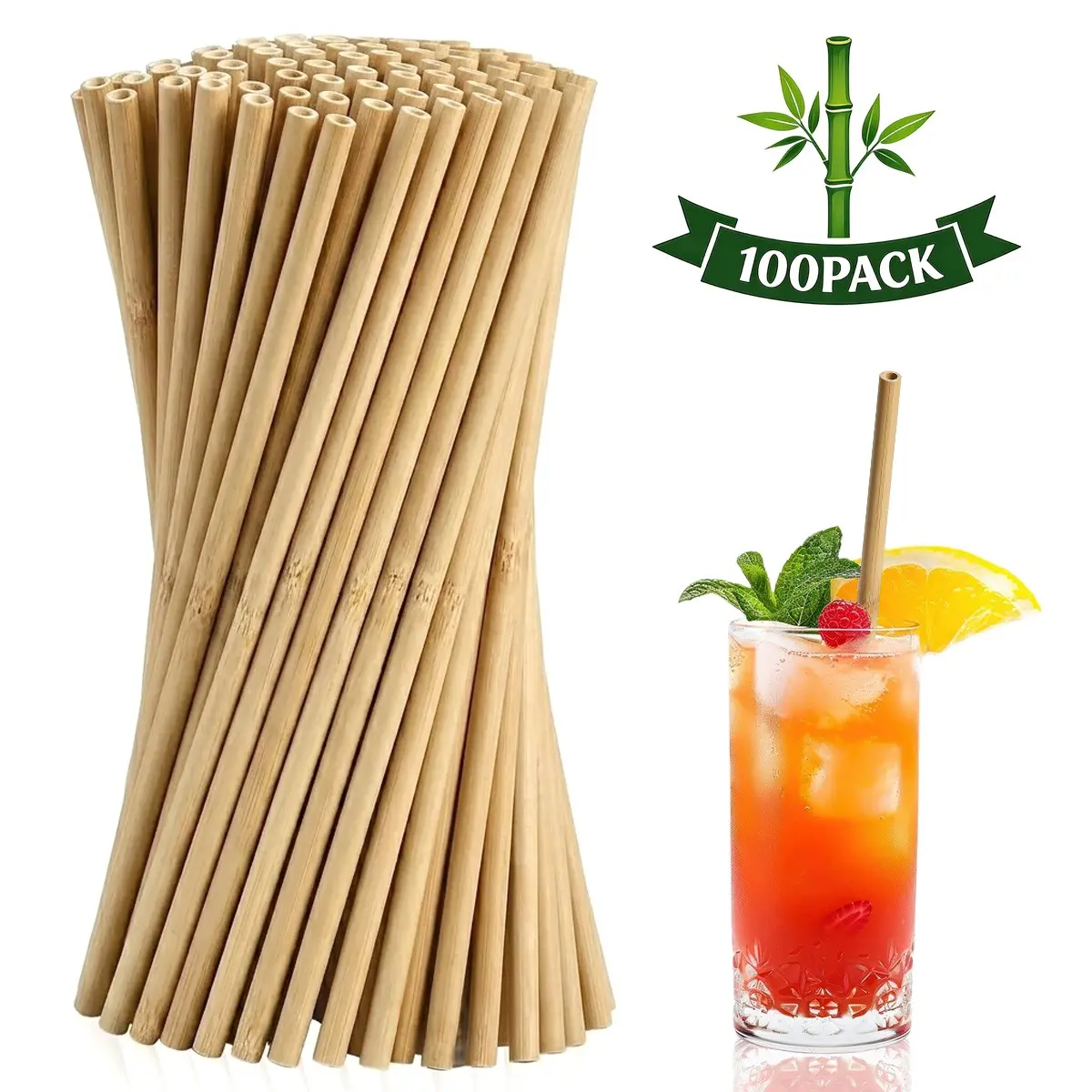 8 Inch Bamboo Straws, 100 Pack Reusable Organic Drinking Straws, Drink Accessories, Biodegradable and Compostable, Perfect for Parties and Events