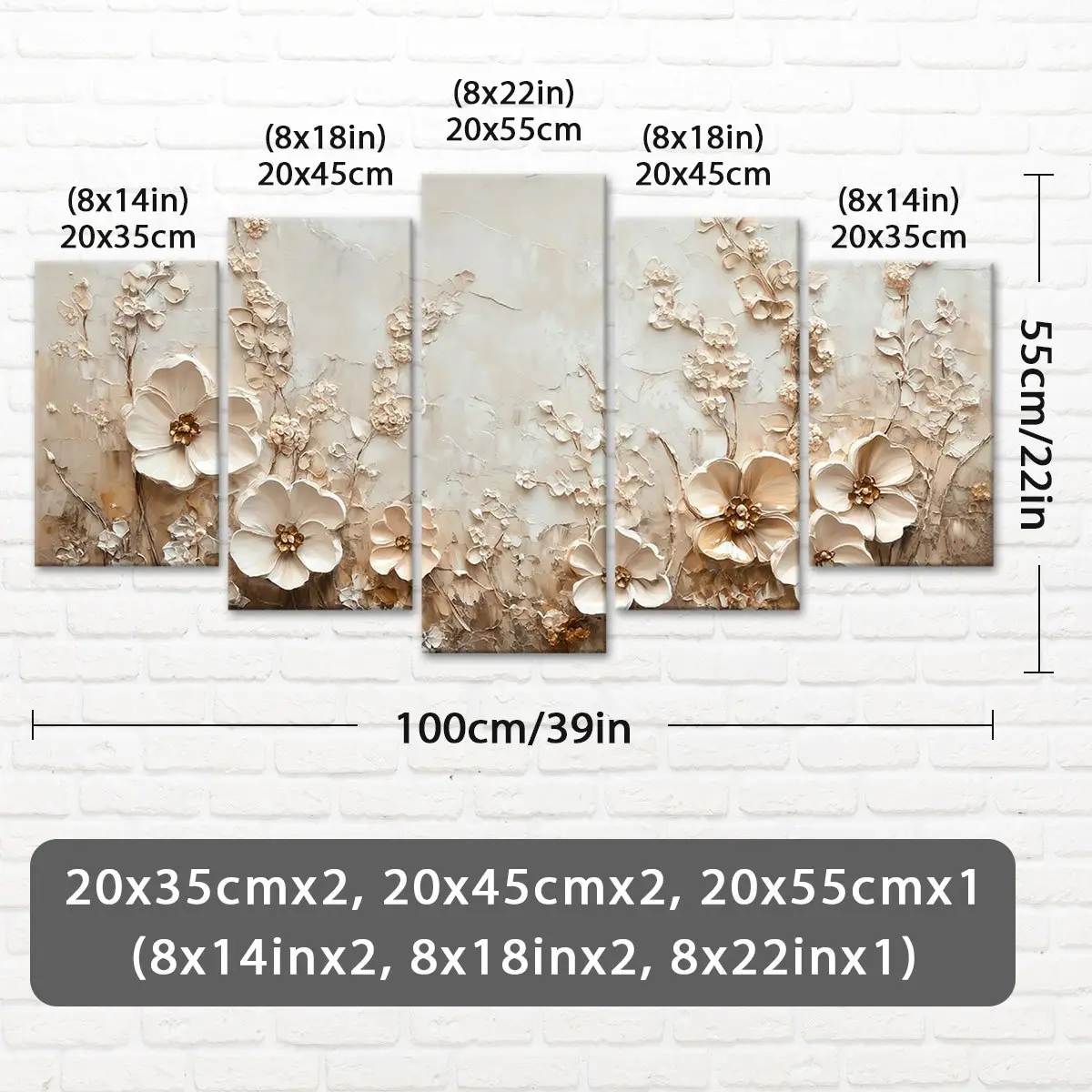 2D Flat Canvas Set, 5 Pieces, Wooden Framed Canvas, Stylish Beige 3D Floral Design, Trendy Posters, Pattern Art For Home Decoration, Premium Prints, High Definition Artworks
