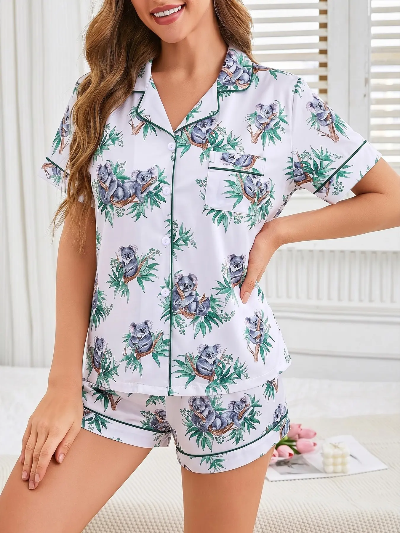 Women's 2-piece pajama set covered with cute cartoon koala and eucalyptus prints on white base green contrast piping Lapel short sleeve top with chest pocket soft elastic waist shorts lightweight casual loungewear for women daily home wear all year round