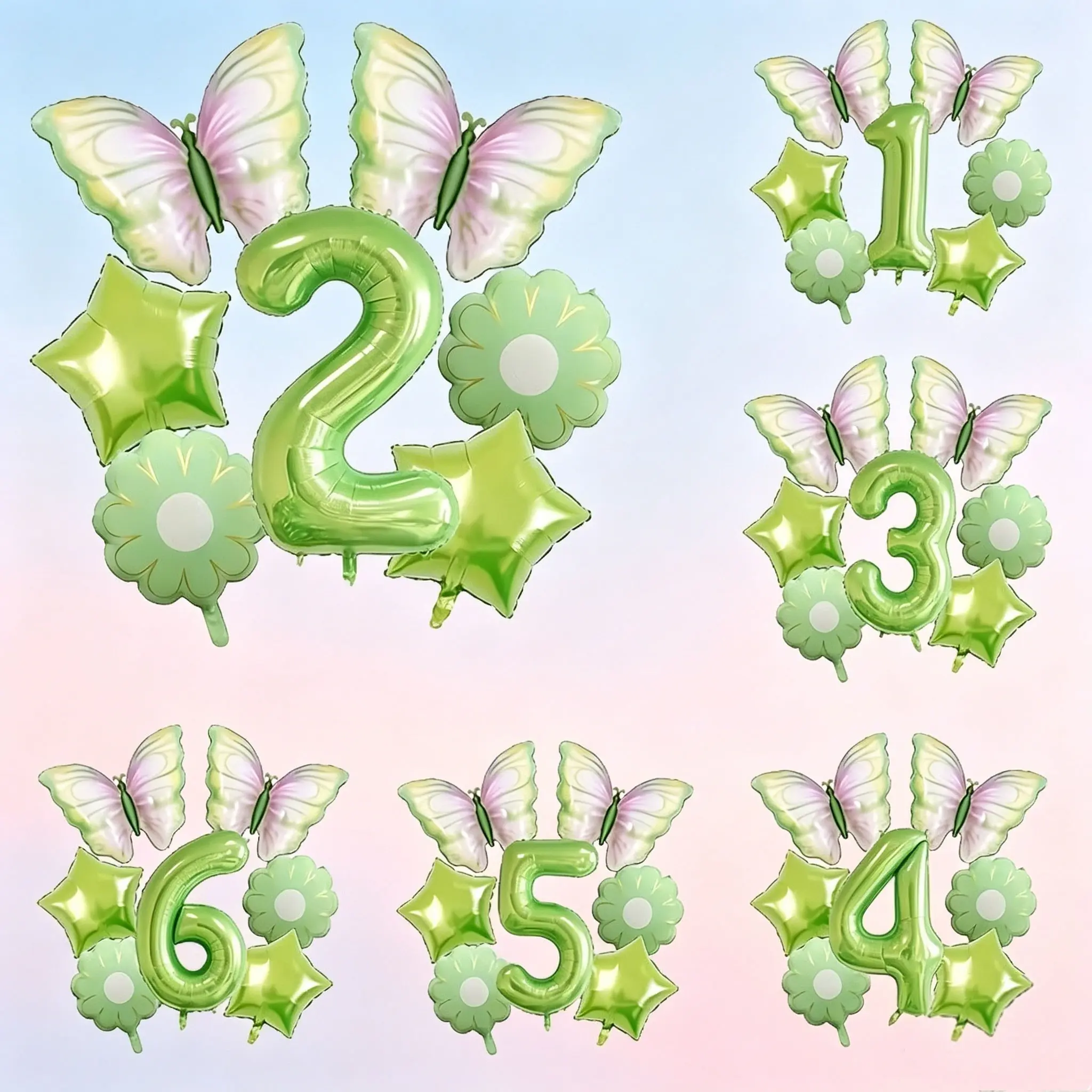 9-Piece Butterfly Theme Number Balloons Set,Featuring a 32-inch digital display in apple green，pentagram、Daisy、Butterfly Balloons，Suitable for birthday party decoration，Outdoor picnic and recreational，Decorations for festive ambiance