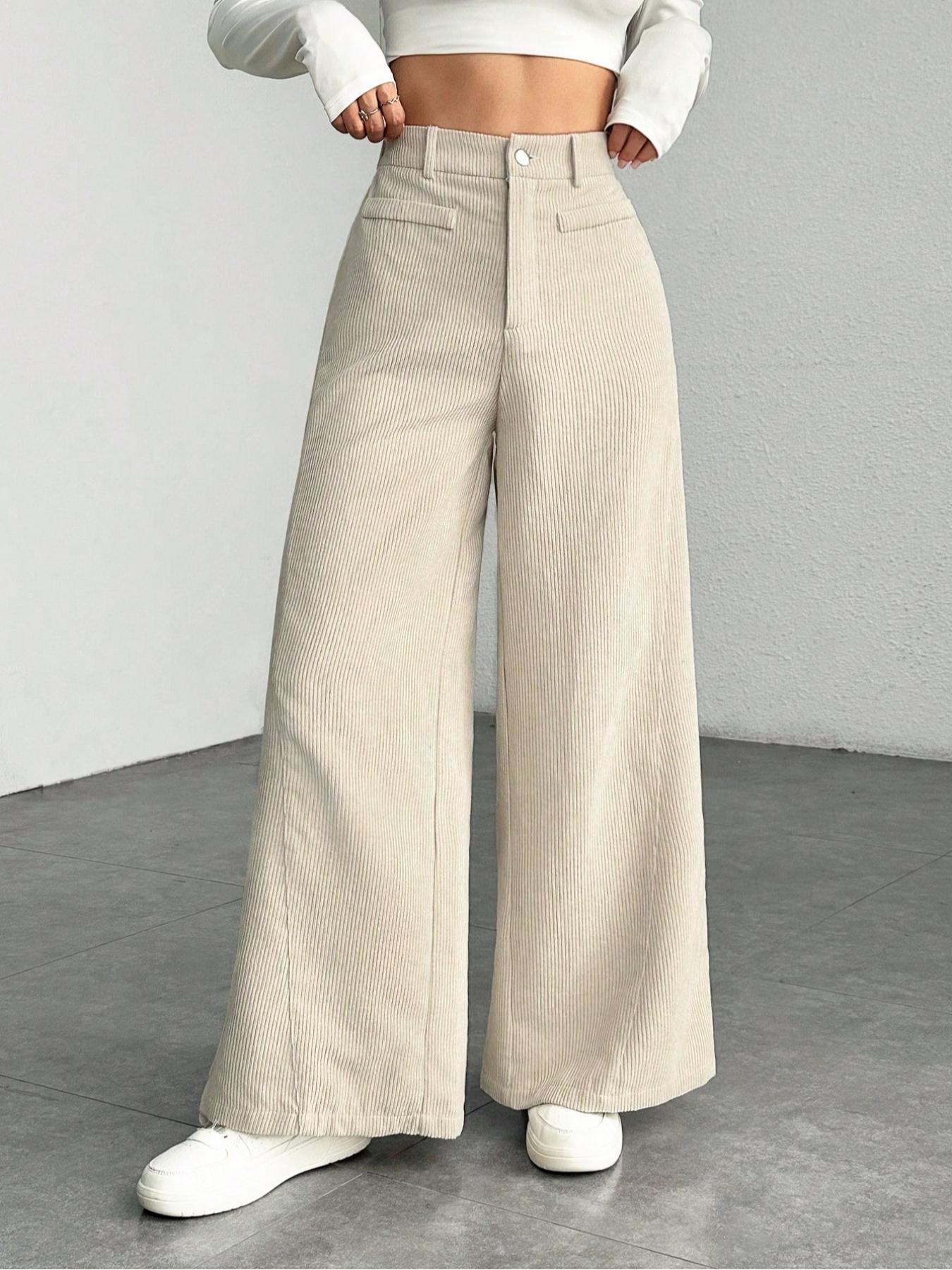 Women's High Waist Wide Leg Corduroy Pants, Casual Straight Fit Long Trousers, Comfortable All-season Solid Color Design, Womenswear