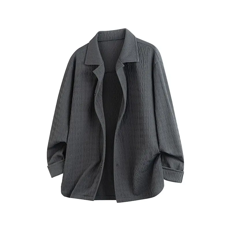 Men's Lapel Collar Button-Down Textured Polyester Blend Long-Sleeve Shirt Jacket - Allover Vertical Embossed Wrinkle Fabric, Oversized Relaxed Loose Fit, Lightweight Casual Outer Shirt for Spring Autumn Daily Commutes, Oversized Fit