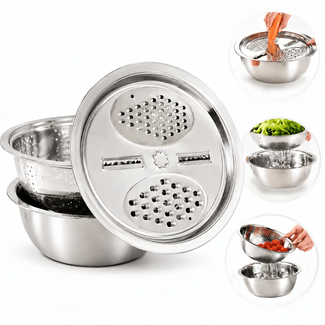 9-Inch Stainless Steel 3-in-1 Camp Kitchen Prep Set - Multi-Function Vegetable Cutter, Drain Basket, Mixing Bowl with Slicer Grater, Dishwasher Safe