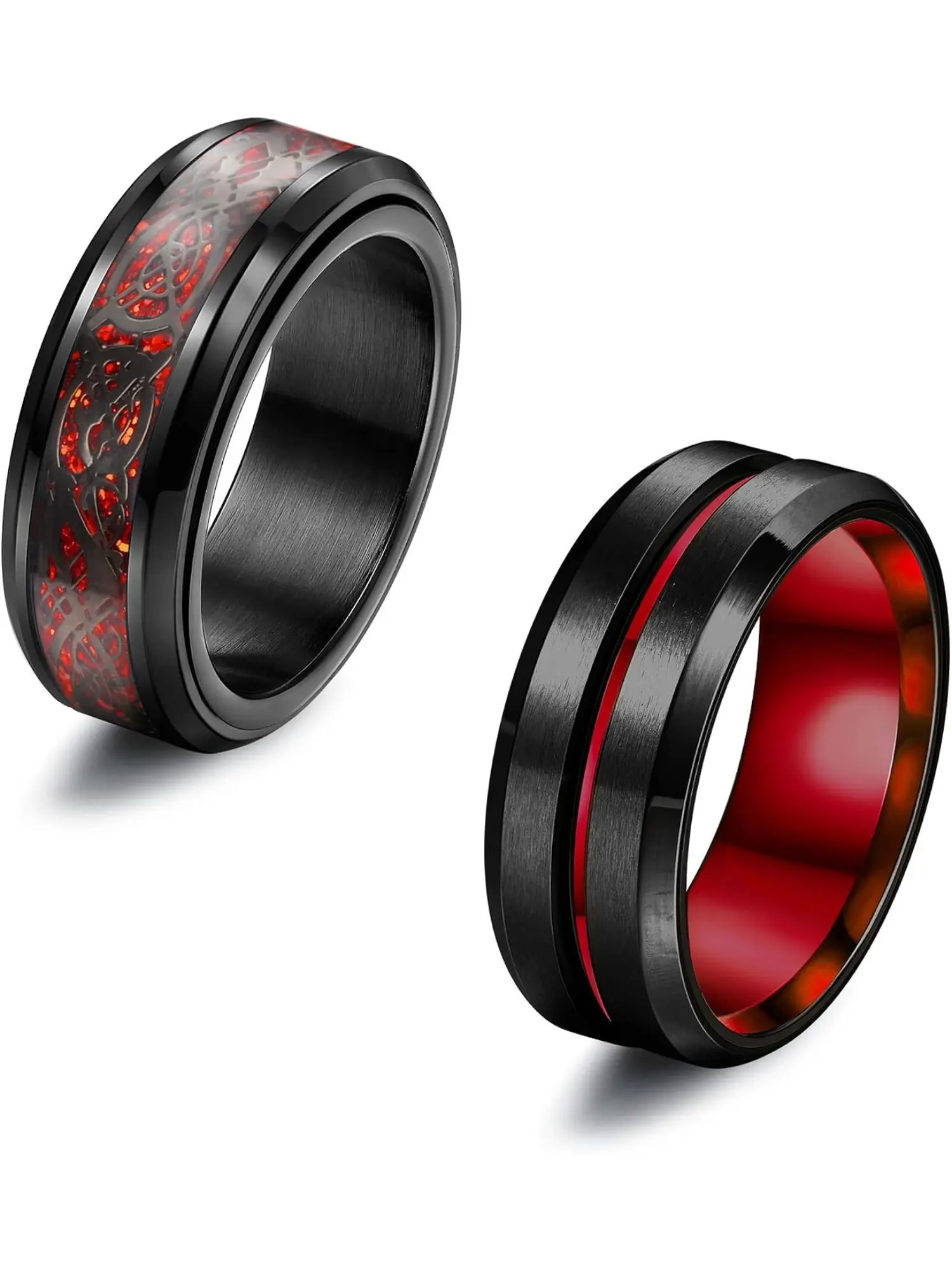 Black Spinner Rings for Men Stainless Steel Chain Rings Fidget Ring Anxiety Ring Red Blue Celtic Dragon Rings Fidget Spinner Ring for Anxiety Rotating Ring Size 7-13