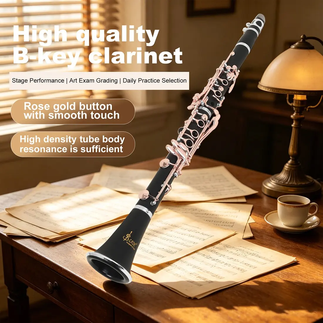 Slade Ldc820 Professional Clarinet, 17 Keys, High-Quality Abs Body, Rose Gold Keycaps, Includes Storage Bag, Ideal for Beginners and Performers