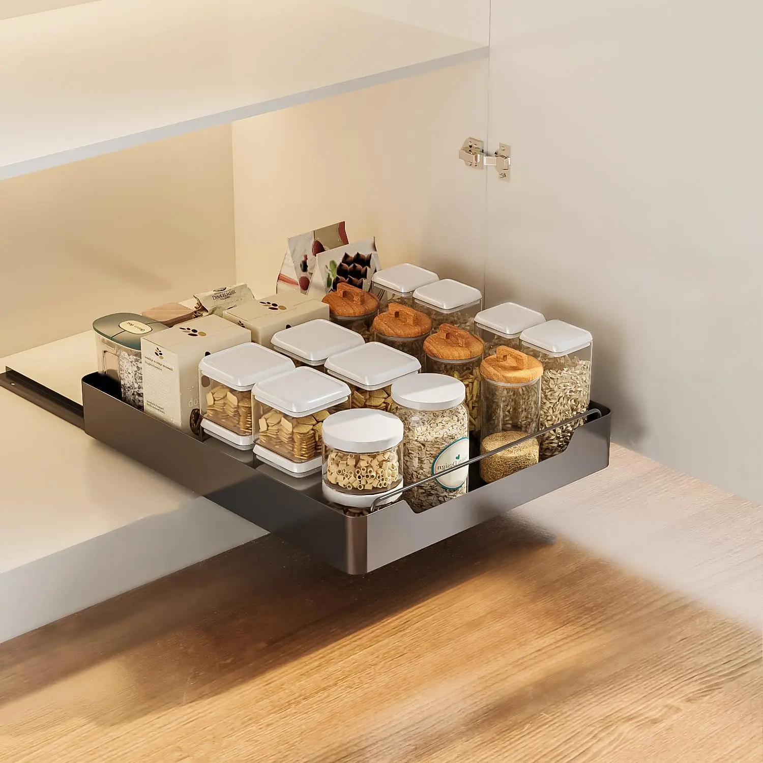 Pull Out Cabinet Organizer Fixed with Adhesive Film, Heavy Duty Slide Out Pantry Shelves, Holds Cutlery, Spice Bottles, Sliding Drawer Storage Rack for Kitchen Home