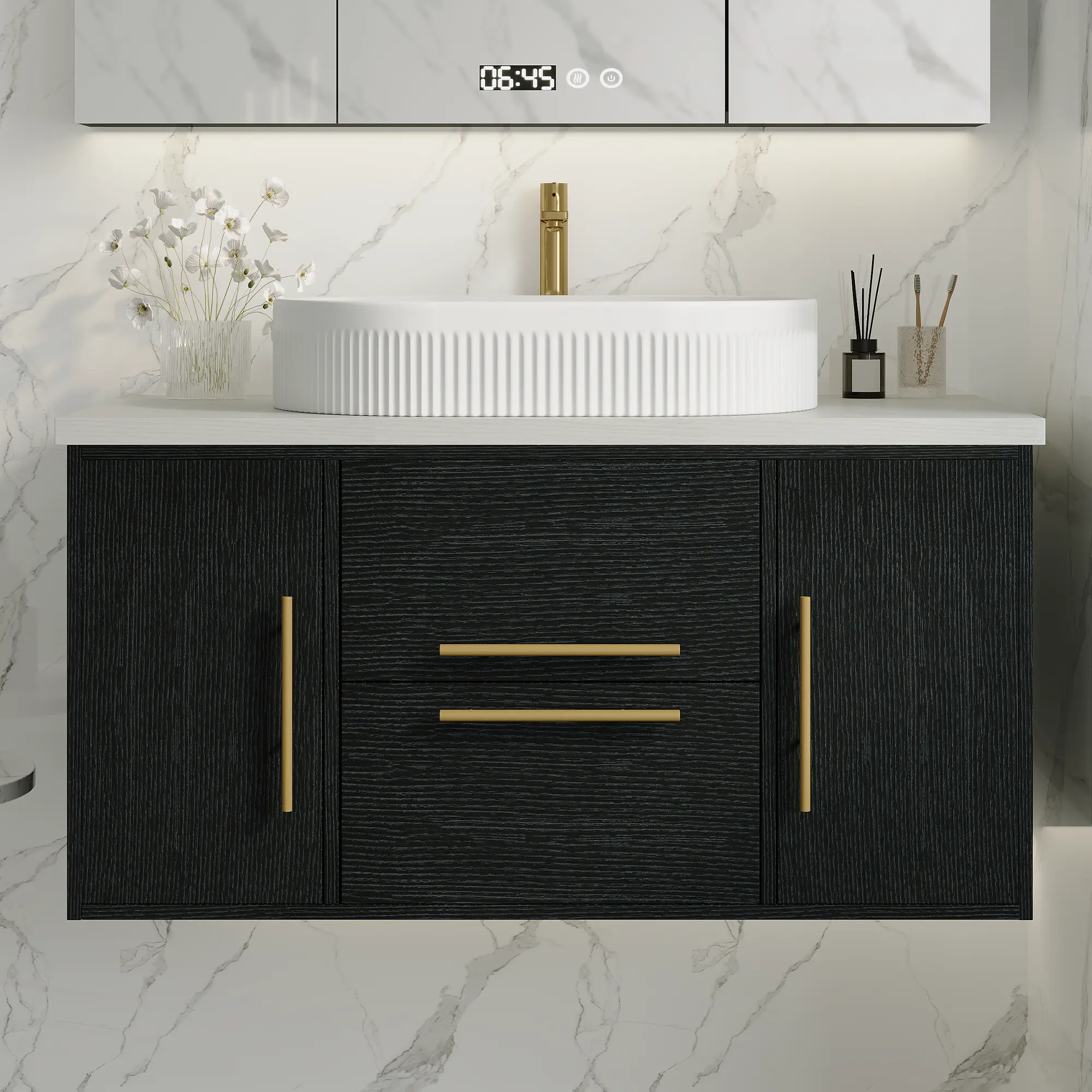 ARCH 39.4 Inch Modern Floating Bathroom Vanity Wall Mounted Cabinet with Ceramic Vessel Sink, Soft-Close Drawers, Moisture-Resistant Plywood, Black/White Options, Space-Saving Storage for Small Bathroom, Black/White Color Options, Ceramic/Plywood Mat