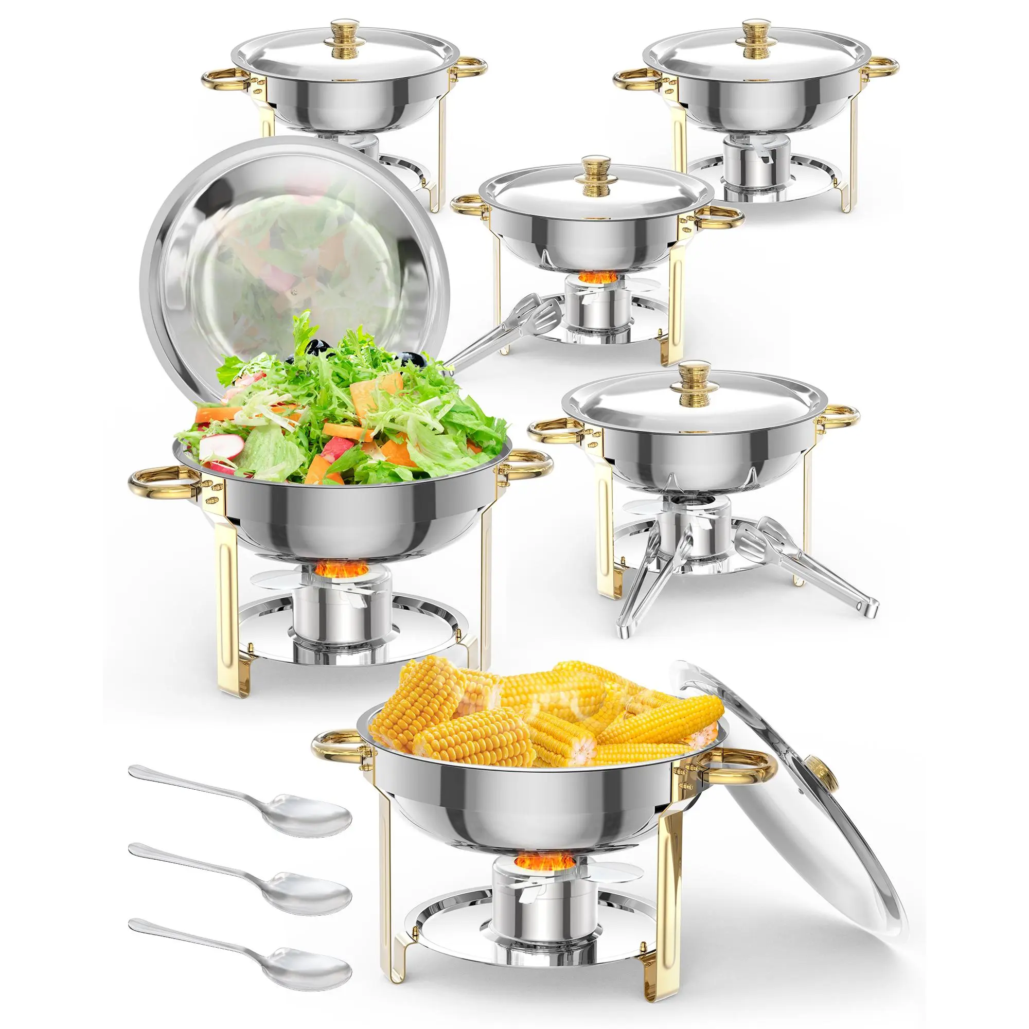 Commercial Grade 5QT Round Stainless Steel Chafing Dishes Buffet Set – Lids, Lid Holders, Spoons & Tweezers – NSF Food Warmers for Catering, Banquets, Parties, Weddings, Events – Rose Gold