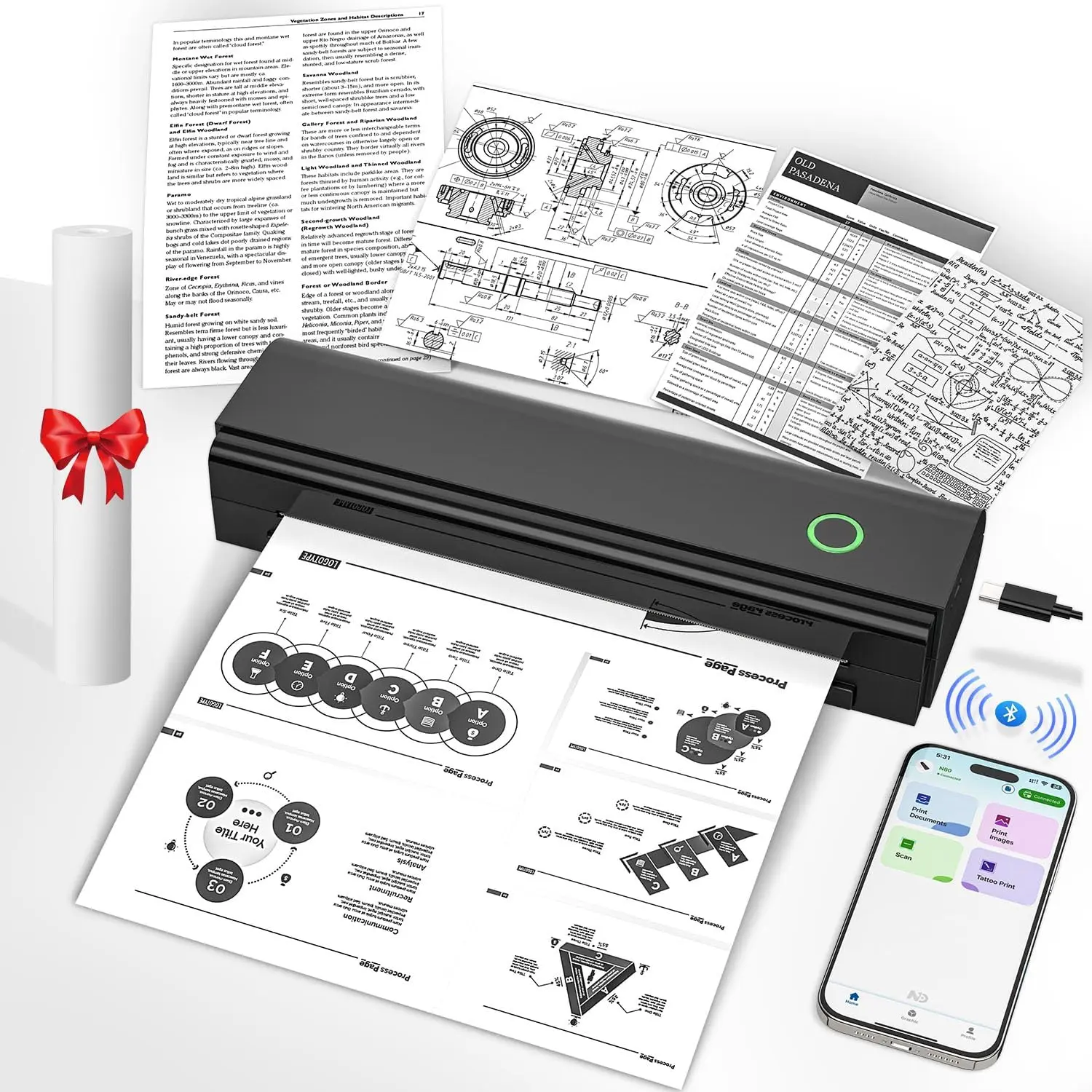 Portable Printers  for Travel,  Thermal Printer Supports 8.5" x 11"  Letter & A4 Size, Inkless Mobile Printer Work with Android  Laptop for  Office School, Black
