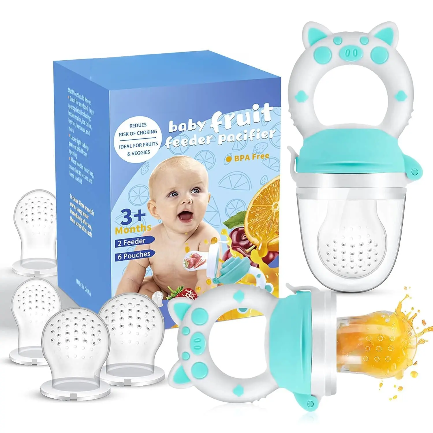 Baby Fruit Food Feeder Pacifier - Fresh Teething Pacifiers, Infant Fruit Teething Teether Toy  3-24 Months, 6 Pcs Silicone Pouches  Toddlers & Kids & Babies, Piggy Handle 2-Pack (Blue)