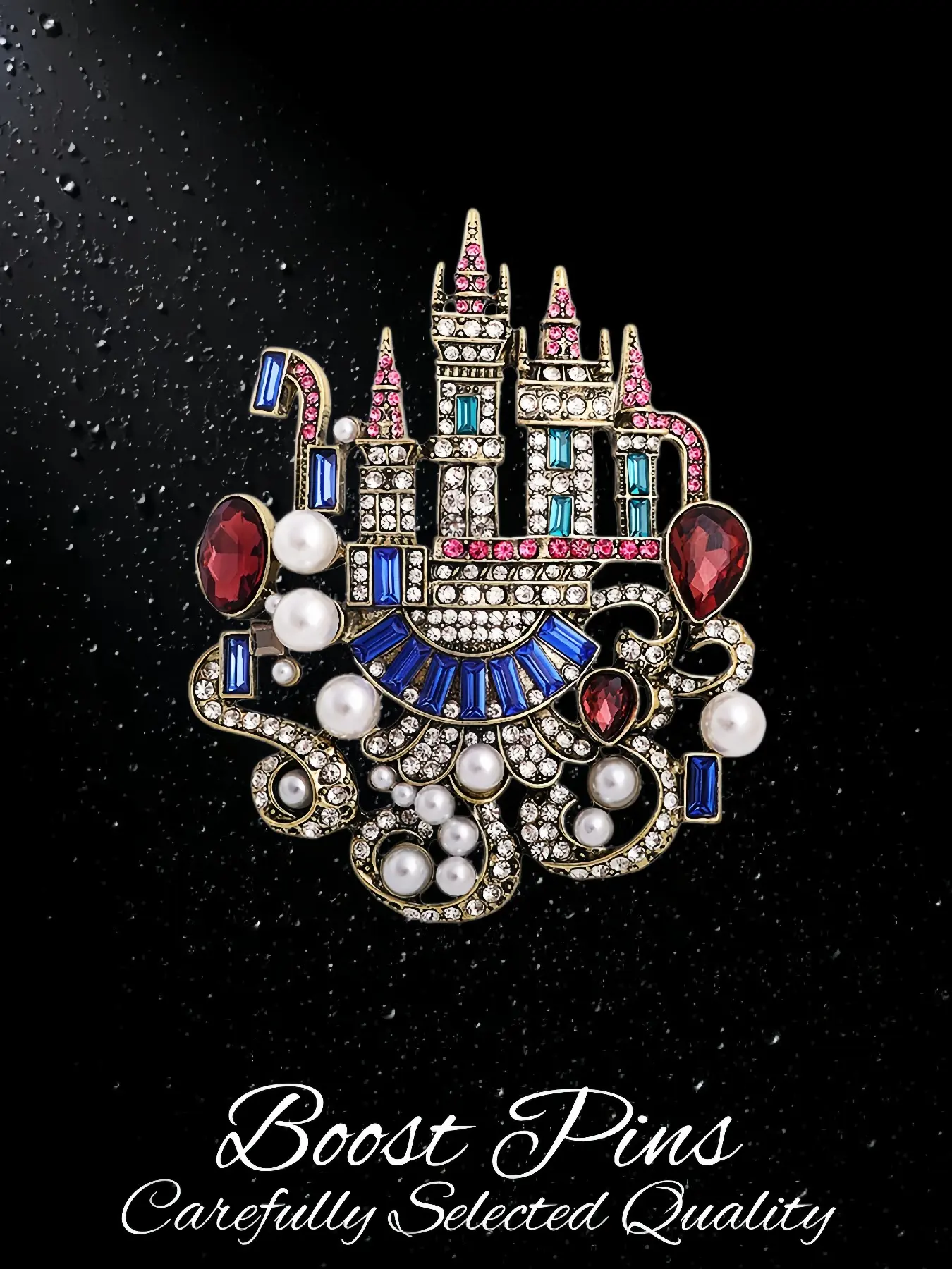Antique Bronze Castle Brooch Multi Color Crystal Pearl Hollow Filigree Statement Women Accessory Vintage Fairy Tale Jewelry For Suit Coat Scarf Wedding Banquet Birthday Holiday Gift For Her Mom Bridesmaid Friend Elegant Brooch