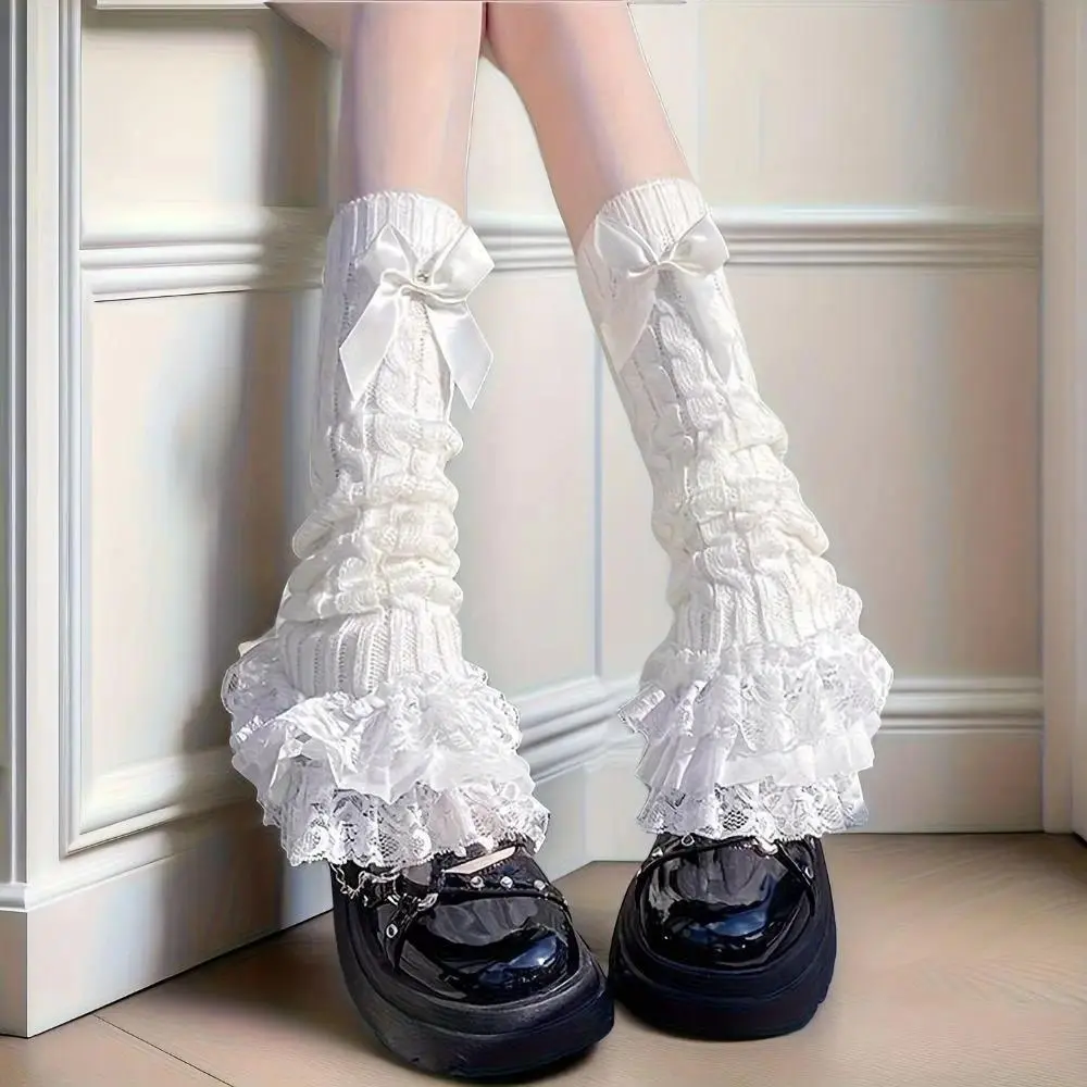 Japanese Lolita Style Mid-Calf Socks with Satin Bow and Lace Trim, Women's Cable-Knit Slouch Hosiery, Stretchy and Breathable, Comfortable, Ruffled, Top, Bottom, Elegant, One Size