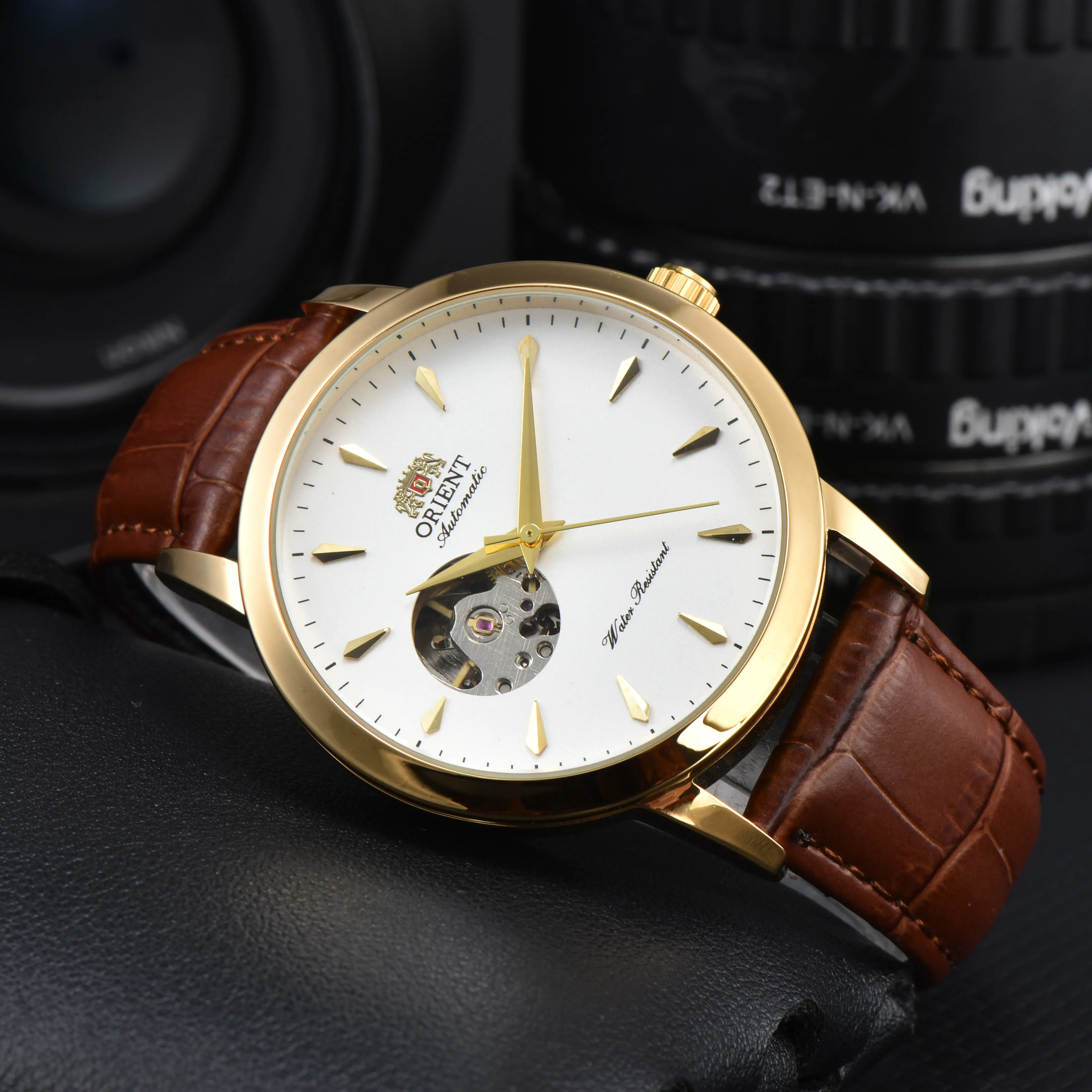 Time Banquet Orient Open Heart Automatic Mechanical Watch for Men, Gold Case, Crocodile-Textured Leather Strap, Skeleton Dial, Water Resistant, Elegant Dress Watch for Business Work & Gifts