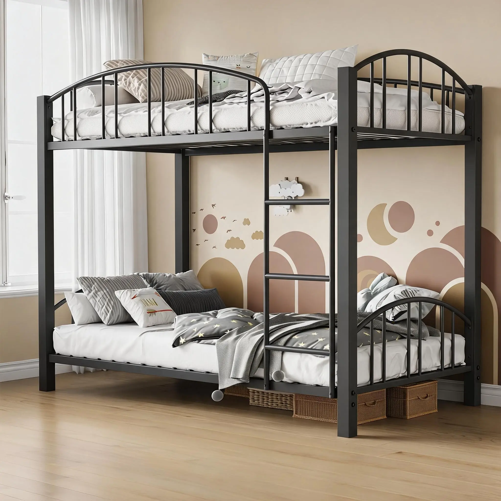 Heavy Duty Steel Frame Twin Over Twin Bunk Bed – Sturdy Arched Guardrail – Safety Ladder – Space-Saving Design – No Box Spring Needed – Ideal for Kids, Boys, Girls
