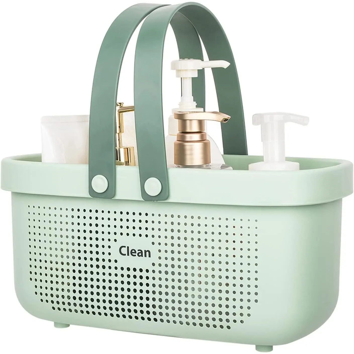 Green Hollow Silicone Storage Basket with Handle, Portable Shower Caddy Tote Organizer Bin for Bathroom, Dorm