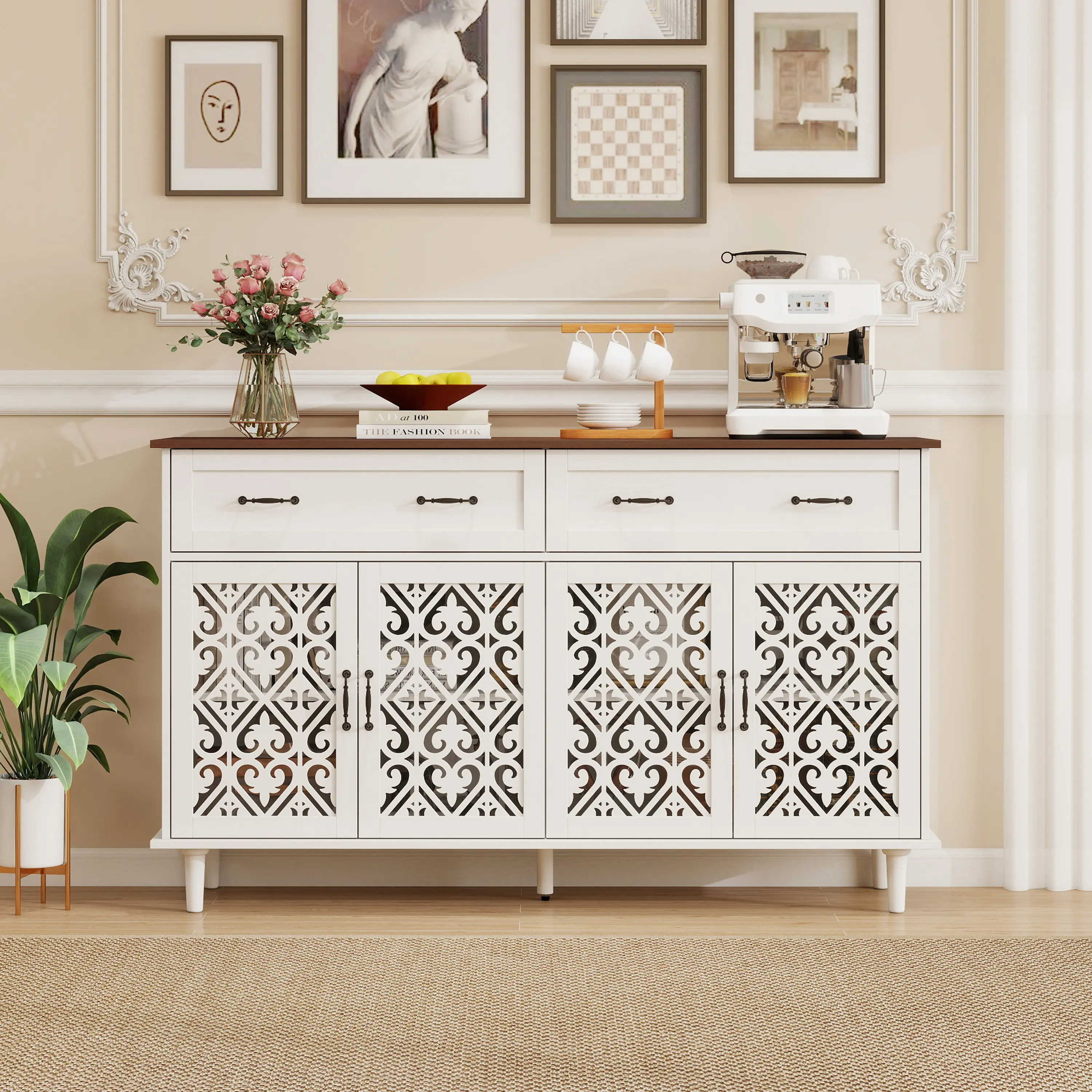 ARCH Vintage Sideboard Buffet Cabinet with Hand-Carved Geometric Doors, Distressed Light Wood Finish, 2 Drawers 4 Doors Storage Cabinet, Adjustable Feet, Raised Base for Easy Cleaning, Dining Room Furniture, Living Room Table for Sofa Side