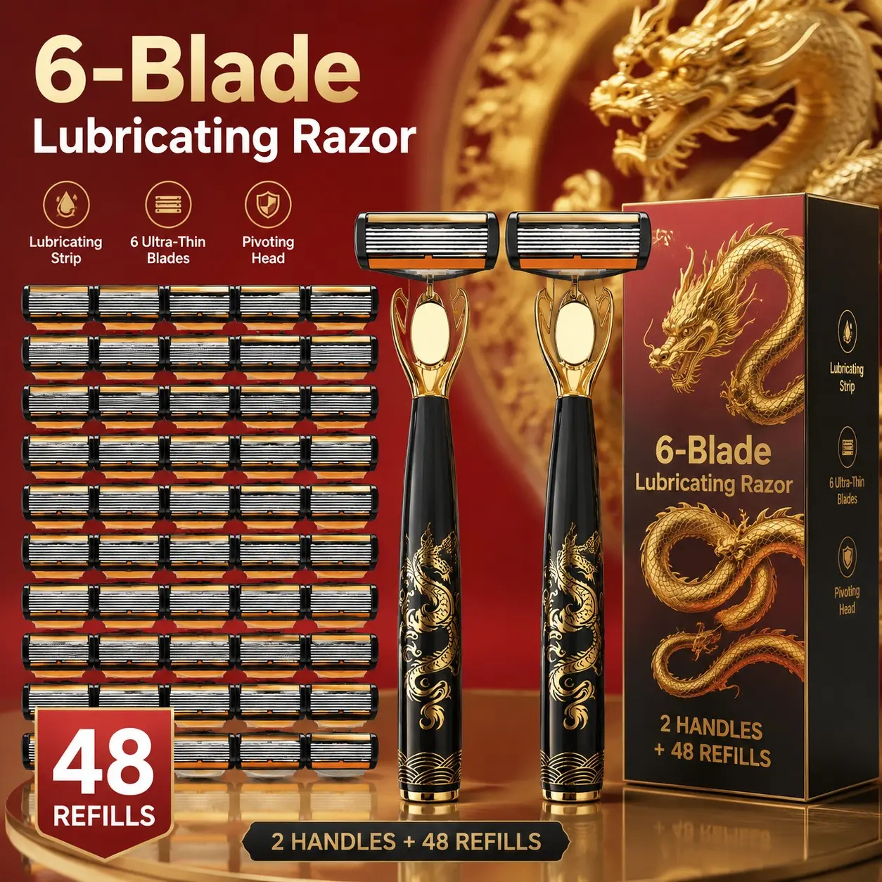 Luxury High-Quality Men's Razor, 2 Non-Slip Handles, 48 Replaceable Blades, Stainless Steel, Smooth Shaving, Gradual Men's Shaving Tool, Kits