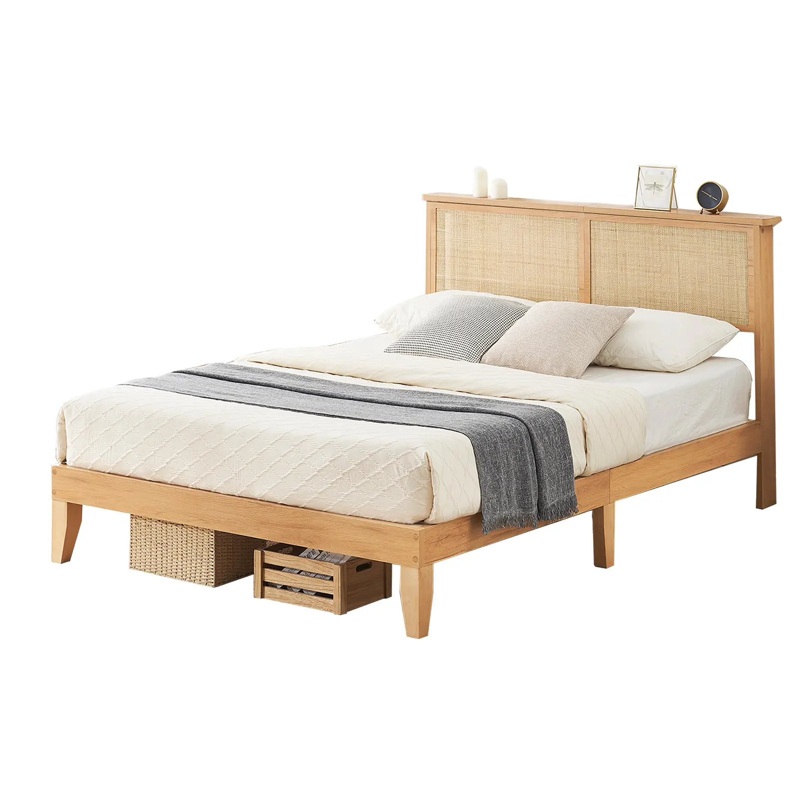 Full Queen Size Platform Bed Frame, Bohemian Rattan Storage Headboard with Adjustable RGB  Lights, Metal Frame 12 Wood Slats 6 Support Legs, No Box Spring Needed Noise Free Easy Assembly Boho Bedroom Furniture