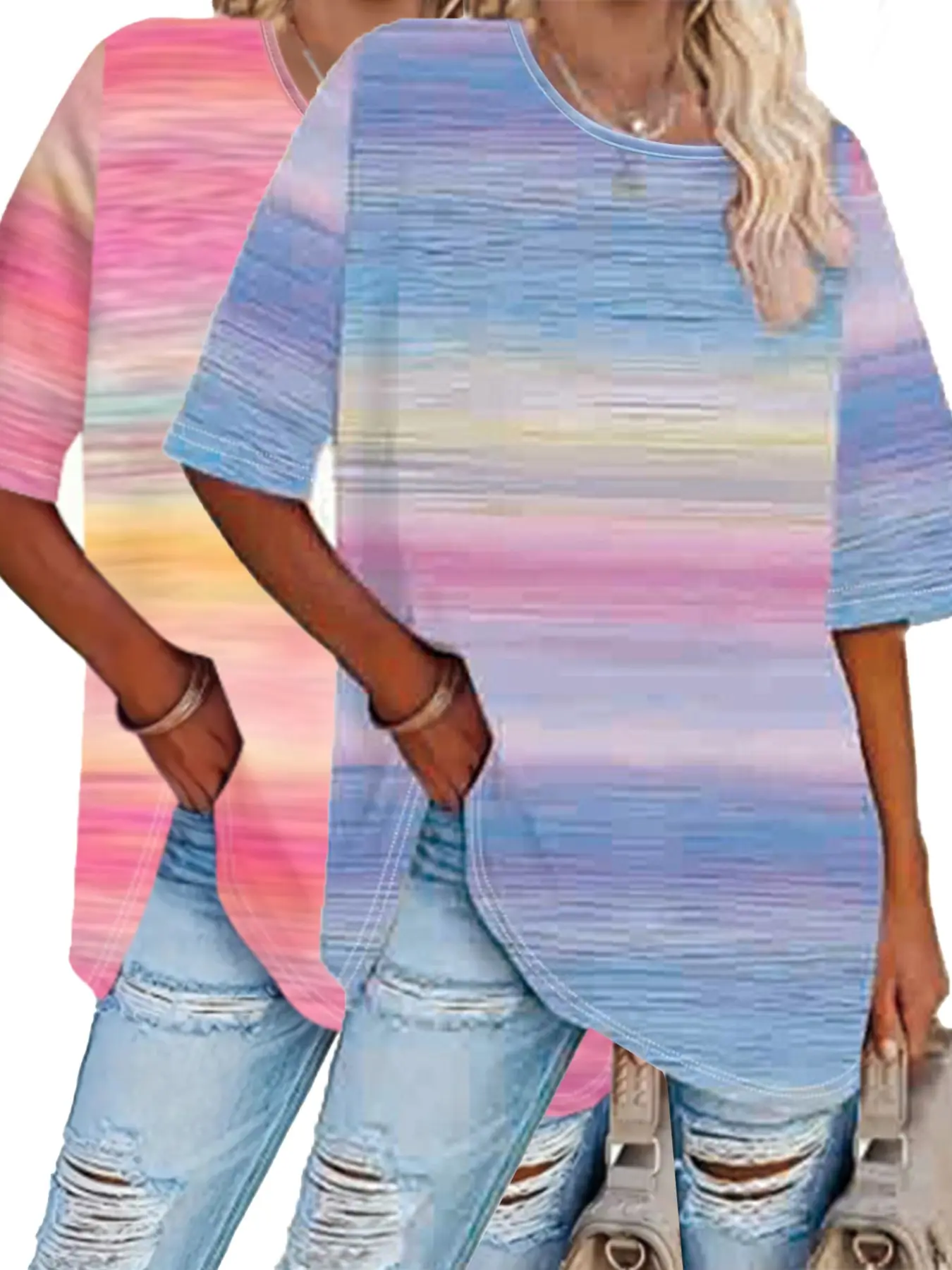 Women's Color Block Rainbow Striped Loose-Fitting Short Sleeve Top Set Shirts, Spring Summer Fashion, 2-Piece Combo, Casual Belted Blouse, Statement, Blouses Shirts Tops