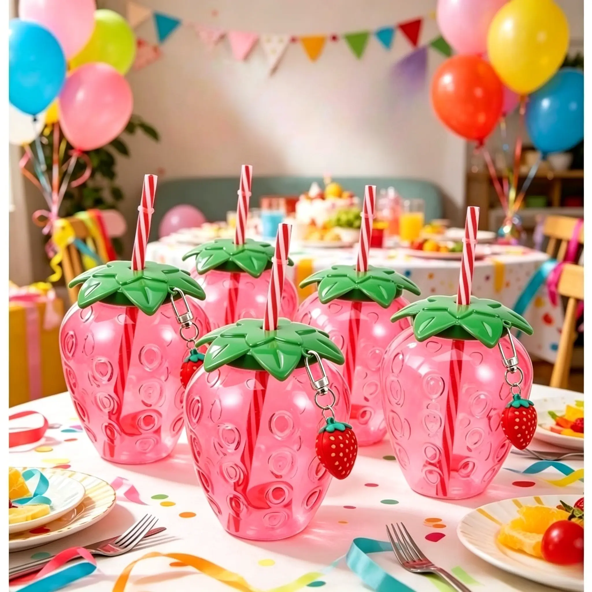 5-Pack cute strawberry shaped cup with strawberry pendant, Portable thermal insulation cup with straw cover, plastic cold drink cup, suitable for home office, bar, beach, swimming pool