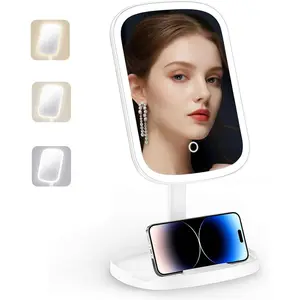 Lighted Makeup Mirror, Rechargeable Vanity Mirror with 3 Lighting Modes & Dimmable Brightness, 360 °     Rotatable Cosmetic Mirror, Ideal Gift for Ladies, Beige