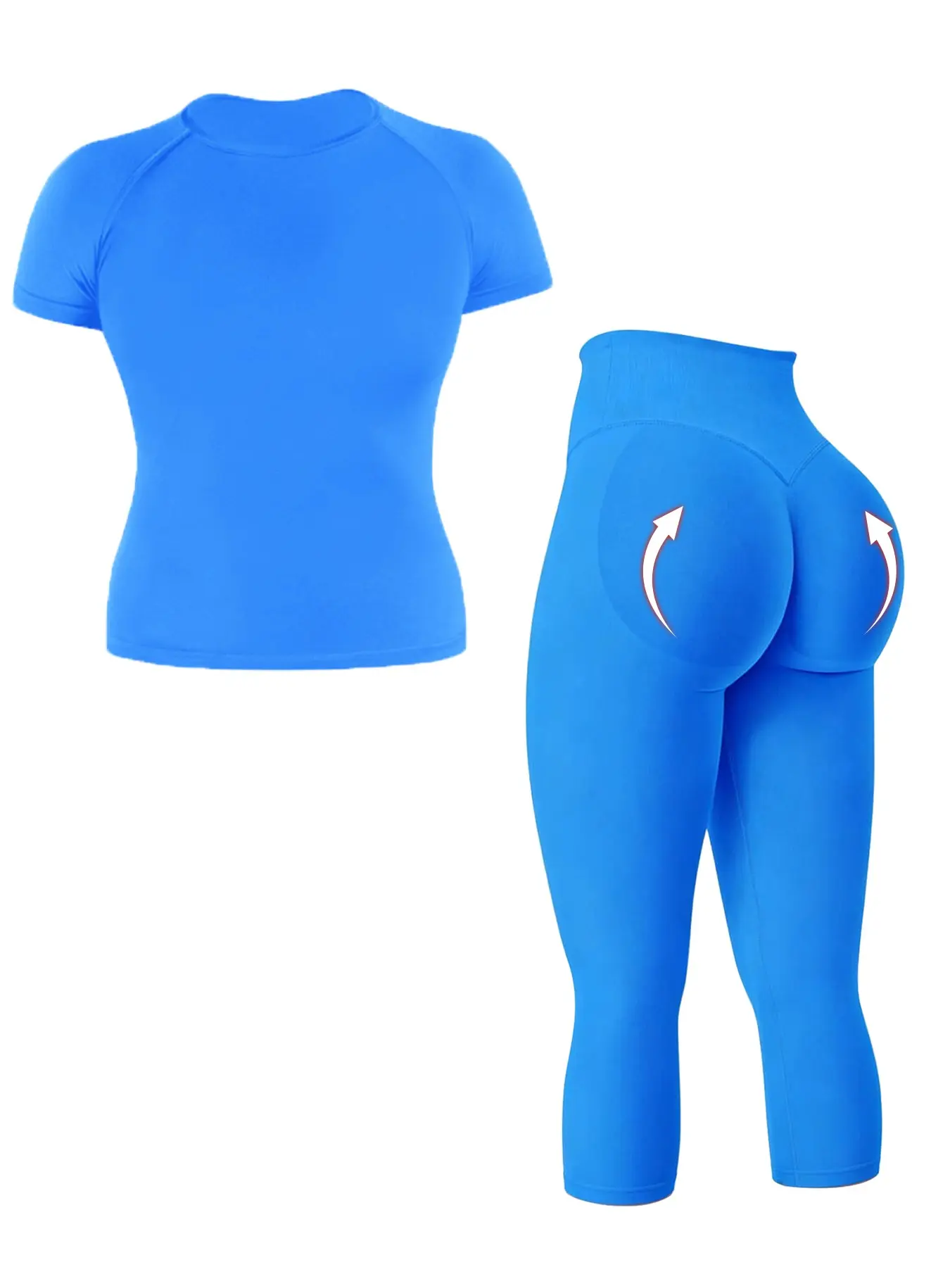 Women's Seamless Short Sleeve & Long Pants 2-Piece Set, Seamless Workout Set, Crew Neck Knit Top + Invisible Butt-Lifting 7/8 Leggings, Raglan Sleeve High Waist Seamless Sports Outfit, Casual Wear For Running, Cycling & Yoga, Summer Fitness Outfit