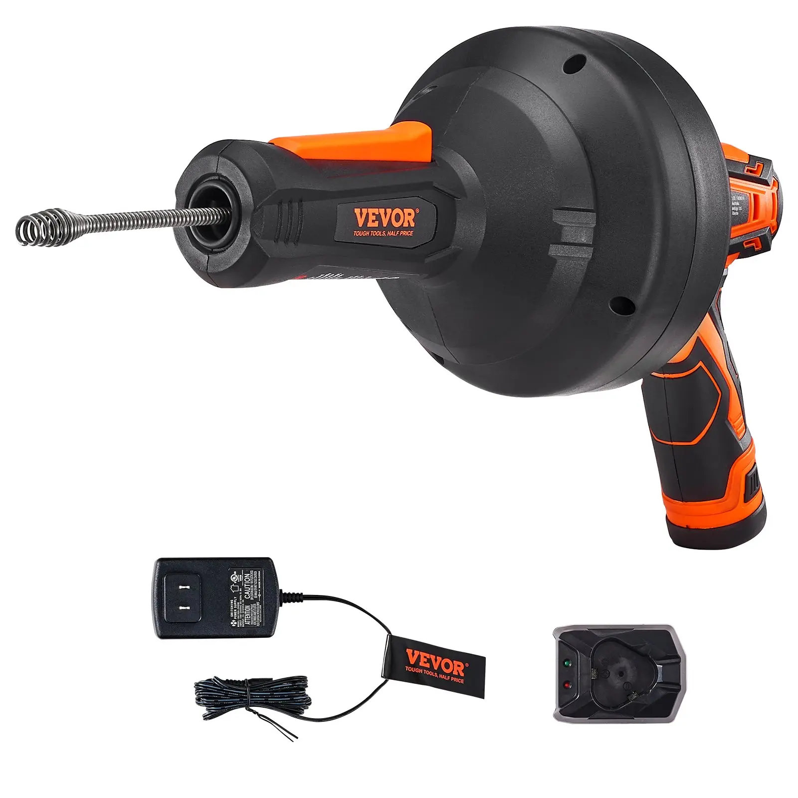 VEVOR 12V Cordless Auto Feed Auger, 25FT Electric Plumbing Snake for Pipe Unclogging, 3/4"-2" Pipe Drain Clog Remover with Power Drill, 2.0Ah Battery & Charger Included