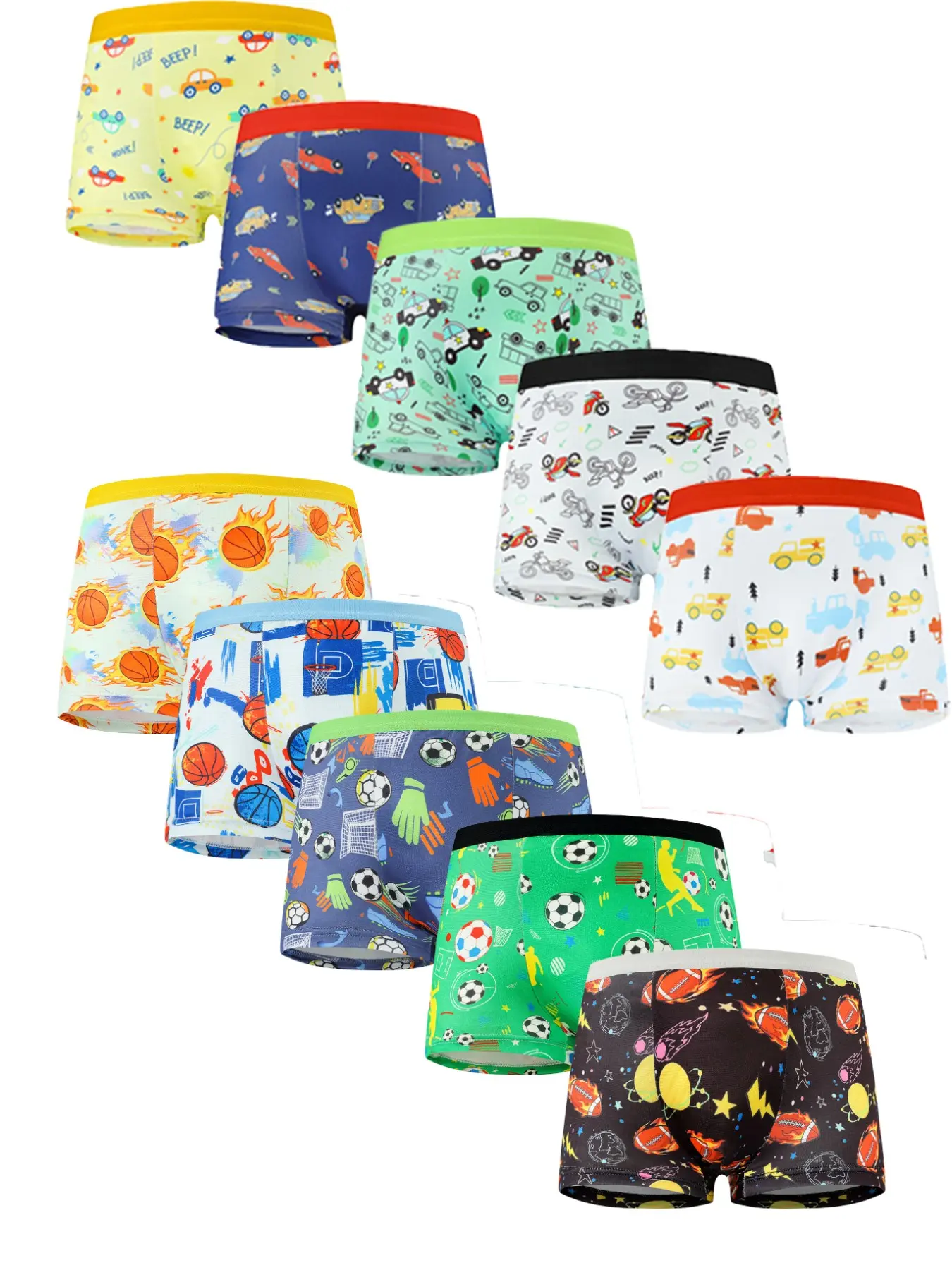 Comfortable Breathable Boys' Underwear Set of 10, Fashion Car Football Print, Soft Fabric, Perfect Fit, Ideal for Daily Wear, Printed Underwear