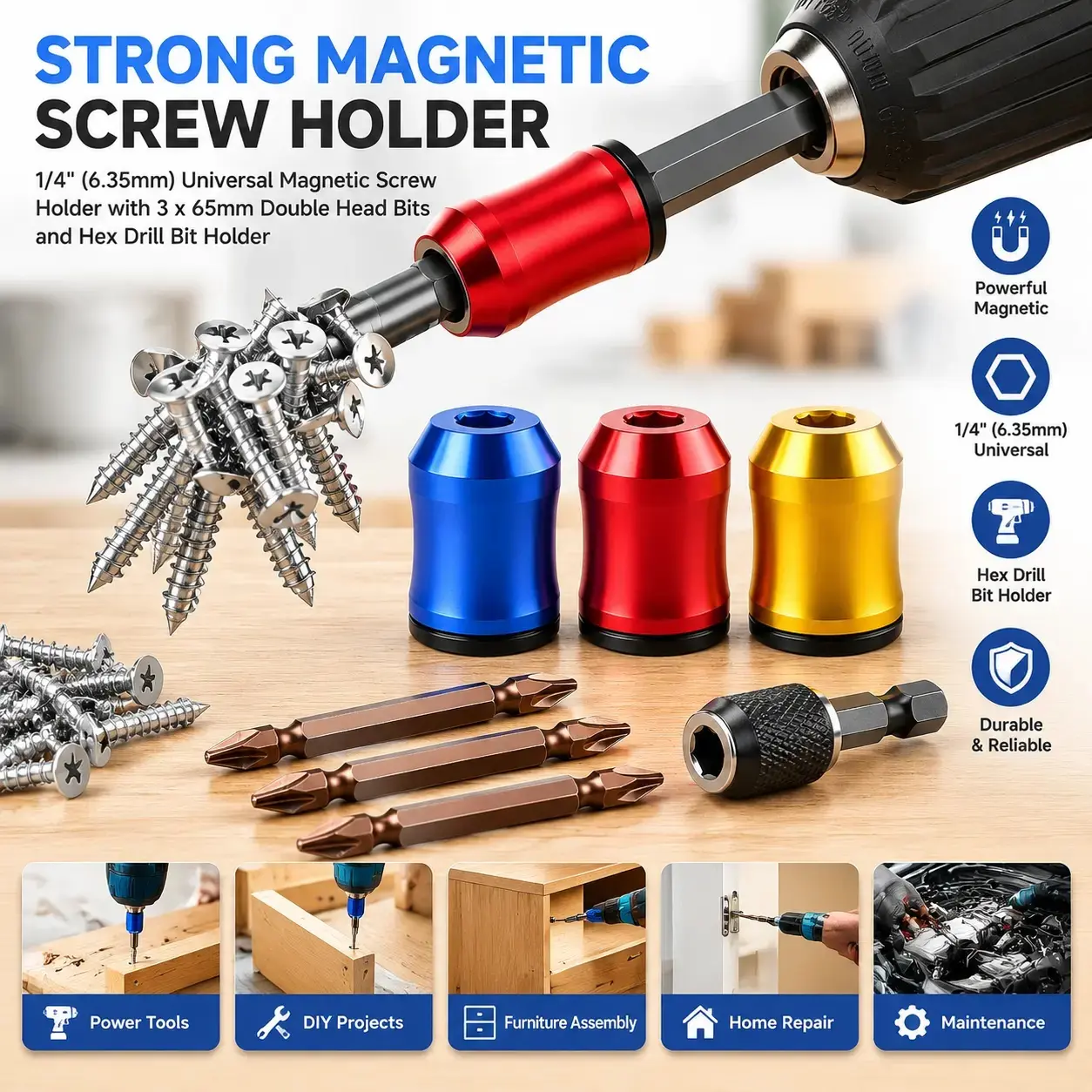 Strong Magnetic Screw Ring & Accessory Set - 3pcs 1/4-Inch (6.35mm) Universal Screw Holders, 3pcs 65mm Double-Ended Screwdrivers, Hex Drill Adapter for Power Tools, DIY Projects