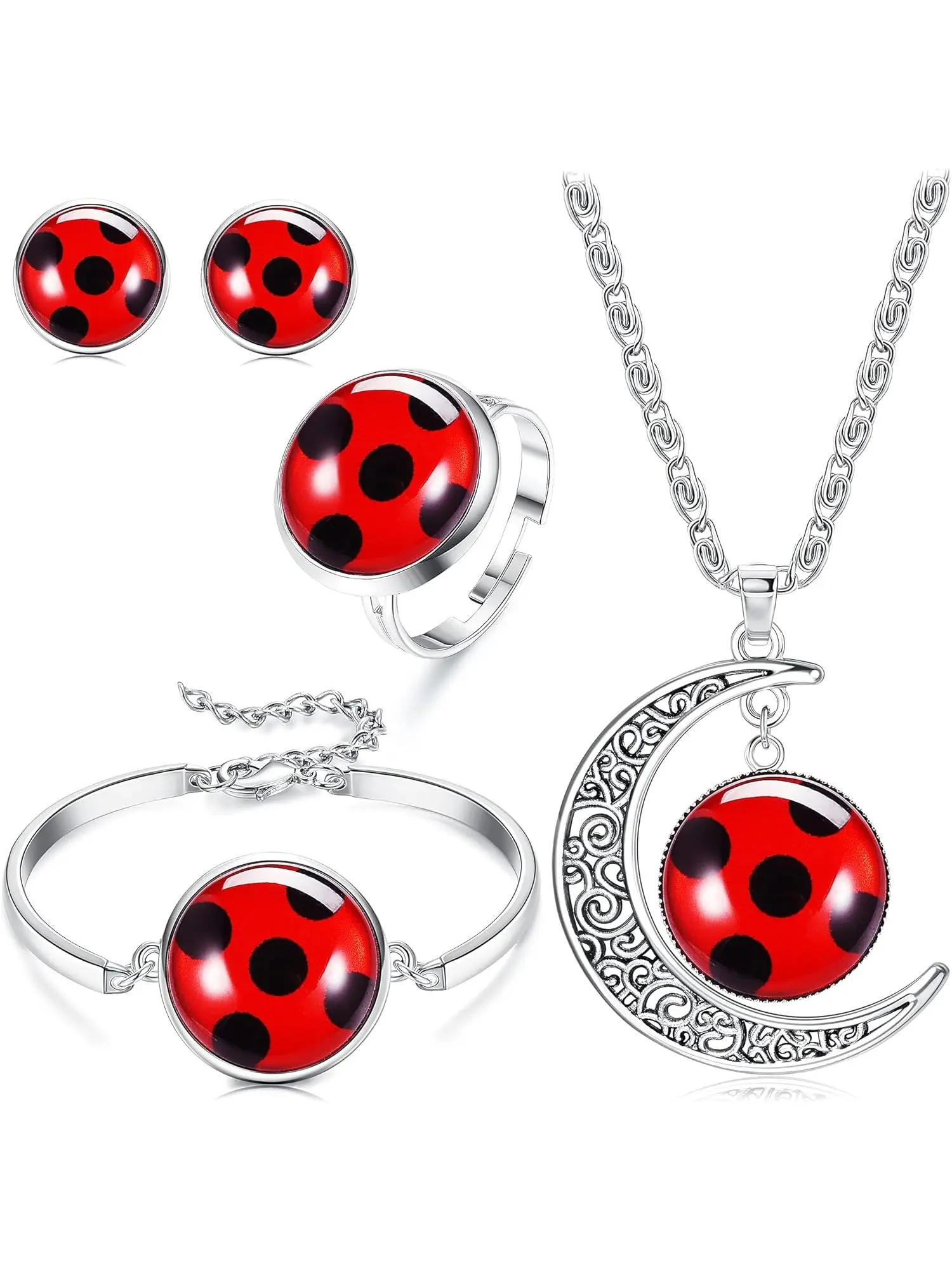 Good Luck Ladybug Jewelry Set for Women Girls, Red Ladybug Bracelet Moon Necklace Ring Stud Earrings, Insect Lucky Wish Jewelry, Ladybug Lover Gift for Daily Party & Holiday Presents