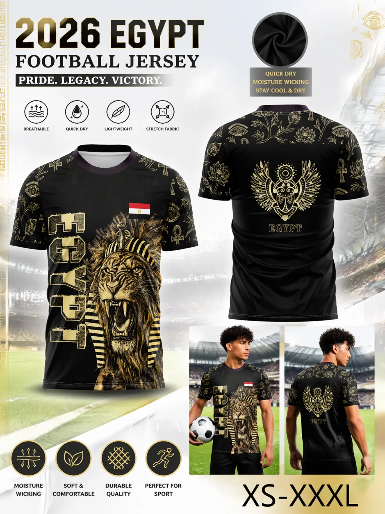 2026 Egypt Soccer Jersey, Football Shirt, Mesh Gold Pharaoh Lion Lotus Eye Print, Short Sleeve Fitted Sporty Tee, Quick-Dry Breathable for Fans, Breathable Athletic Top