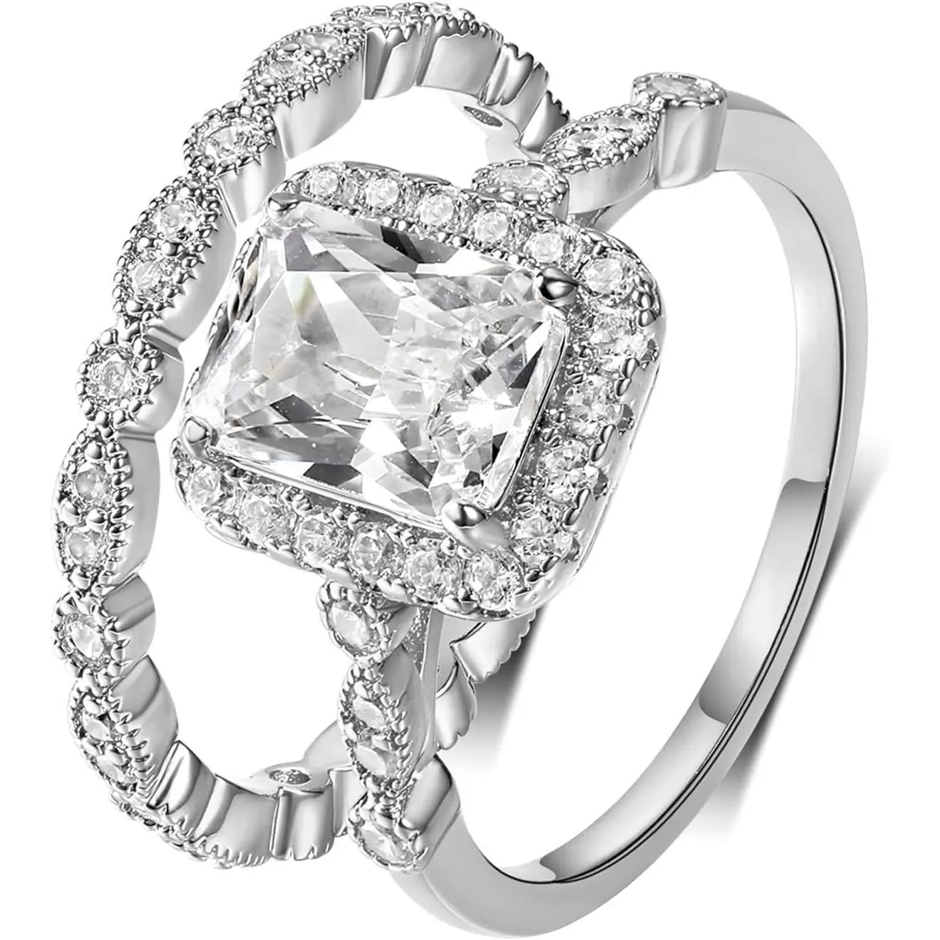 18K White Gold Engagement Rings for Women – Two-in-One Rectangle Cut Halo Cubic Zirconia Engagement & Wedding Ring Set, Promise Rings for Her Size 5-10
