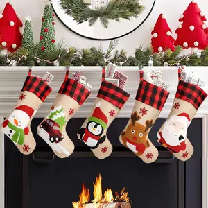 Christmas Stockings 5 Pack, 18'' Large with Santa Snowman Gnomes Pattern, Classic Buffalo Plaid Cuff, Xmas Ornaments for Family Stairs Fireplace Tree Hanging