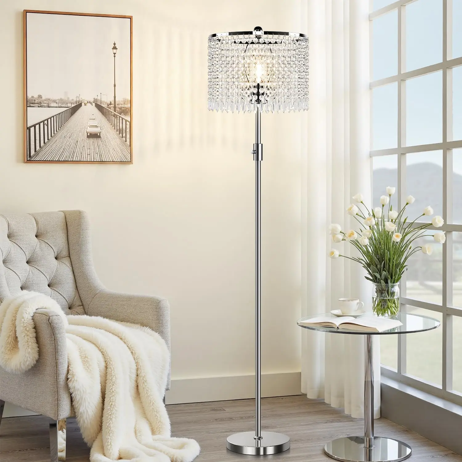 Upgraded Dimmable Crystal Floor Lamps for Living Room, 1000LM LED Bulb Included, Standing Lamp with Knob Switch, Tall Silver Modern Floor Lamp for Bedroom Nursery Office Reading