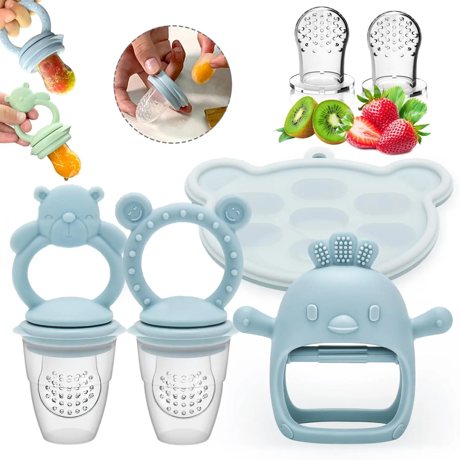 Baby Teether Set, 6 Counts/set Silicone Infant Fruit Feeder & Teether with Food Storage Box, Baby Fruit Feeder Pacifier for Baby Teething Relief