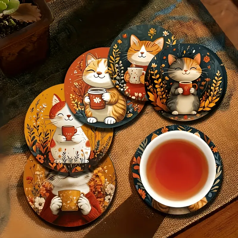 6-piece set of cute tea drinking orange meow series coasters, different cat pattern modeling coffee coasters, wooden coasters, thermal insulation mats, a must for holiday family gatherings