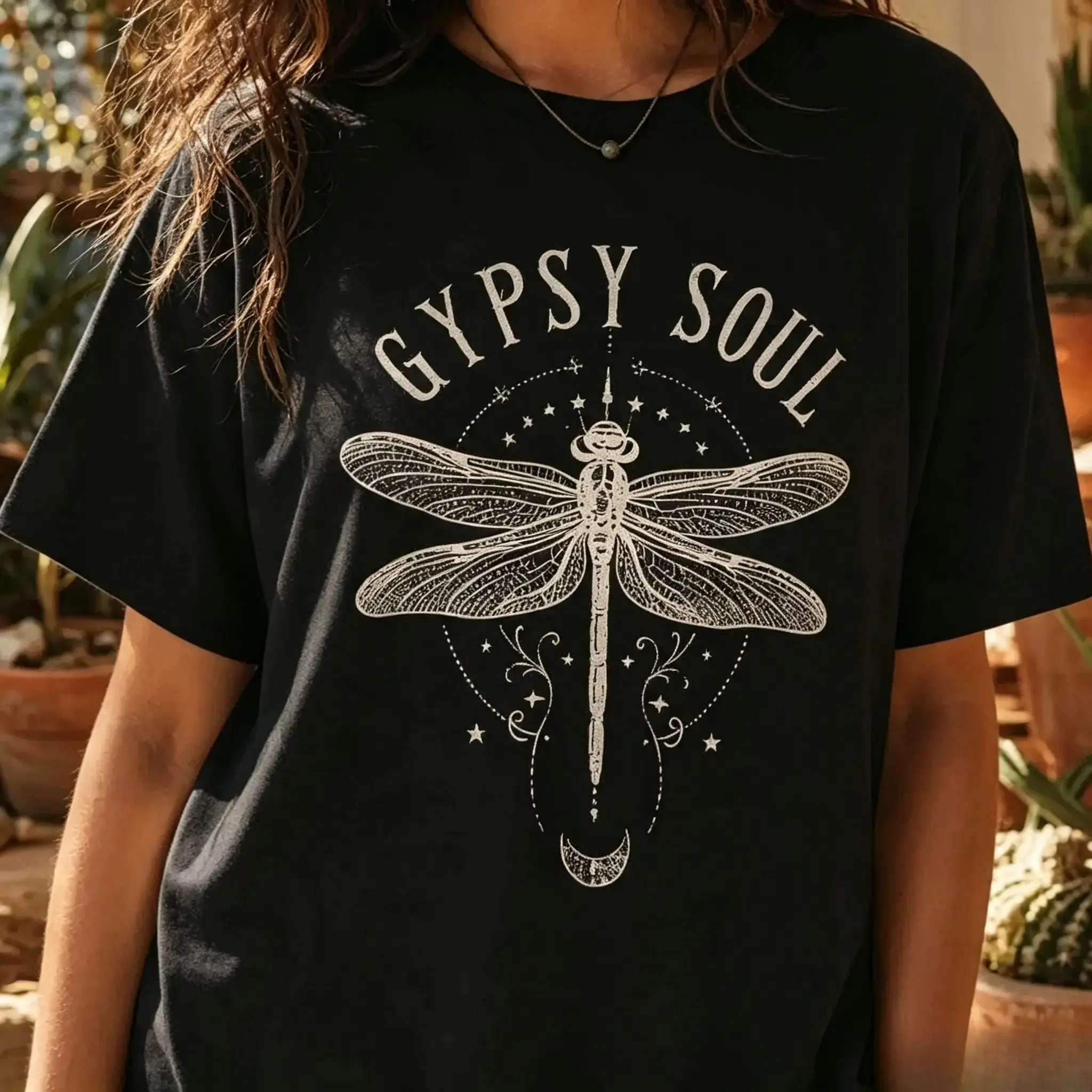 Women's Boho Dragonfly Printed Round Neck Short Sleeve Cotton Sports Top - Vintage Gypsy Soul, Plus Size Oversized Casual Wear Clothes