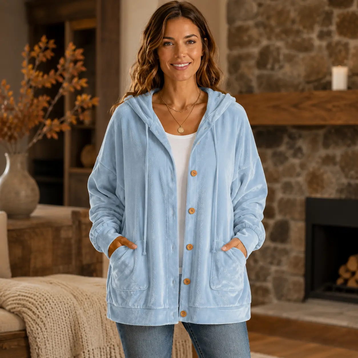Women’s Solid Loose Medium-Length Velvet-Look Hooded Cardigan - Button-Front Long-Sleeve Jacket with Pockets for Fall, Winter, Casual Daily Wear