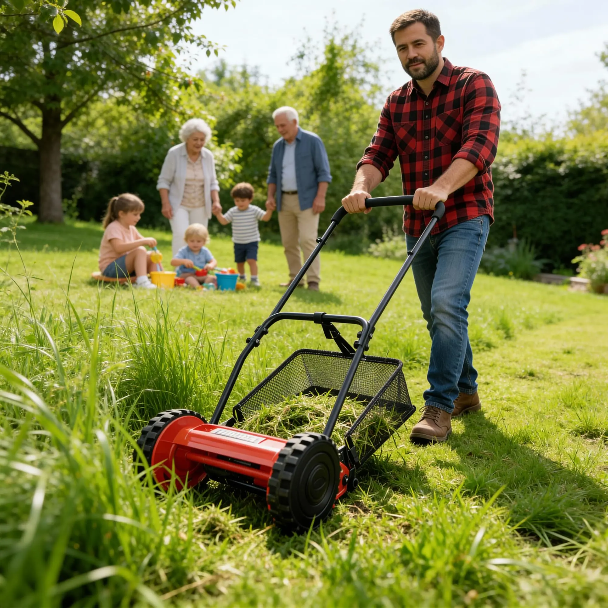 16 Inch Manual Reel Lawn Mower – 5-Blade Push Reel Mower for Small to Medium Lawns, Adjustable Cutting Height, Grass Cutter with Removable Grass Catcher, Ideal for Residential Yards
