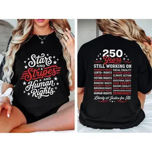 [100% Cotton] Lightweight Printed Stars and Stripes And Human Rights Graphic Tee, 250 Years America Still Working On Social Justice