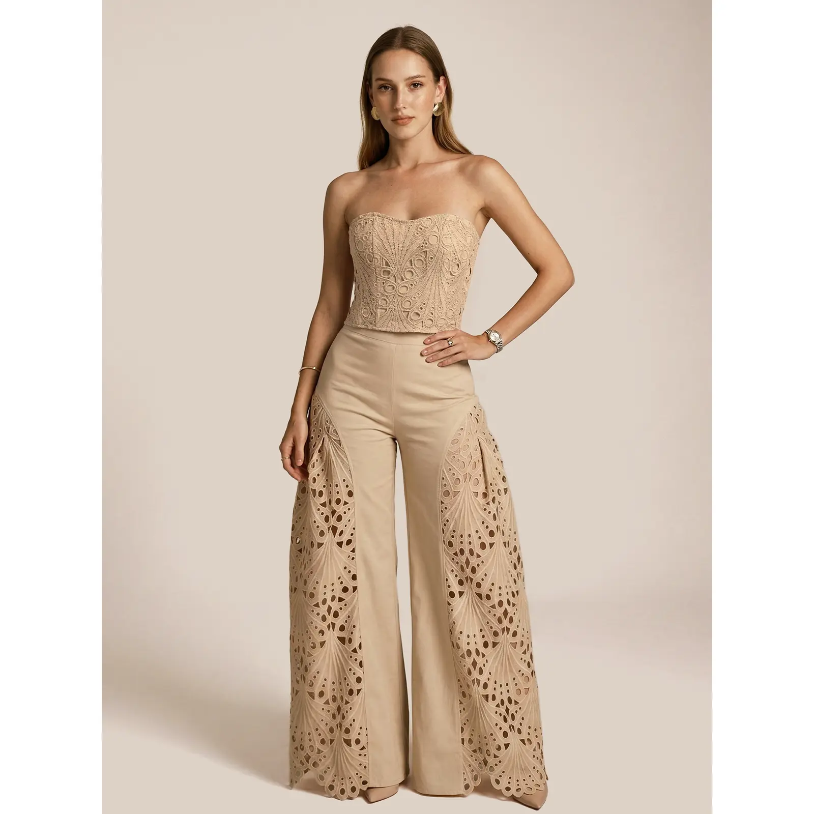 Strapless Eyelet Top & Wide Leg Pants Set