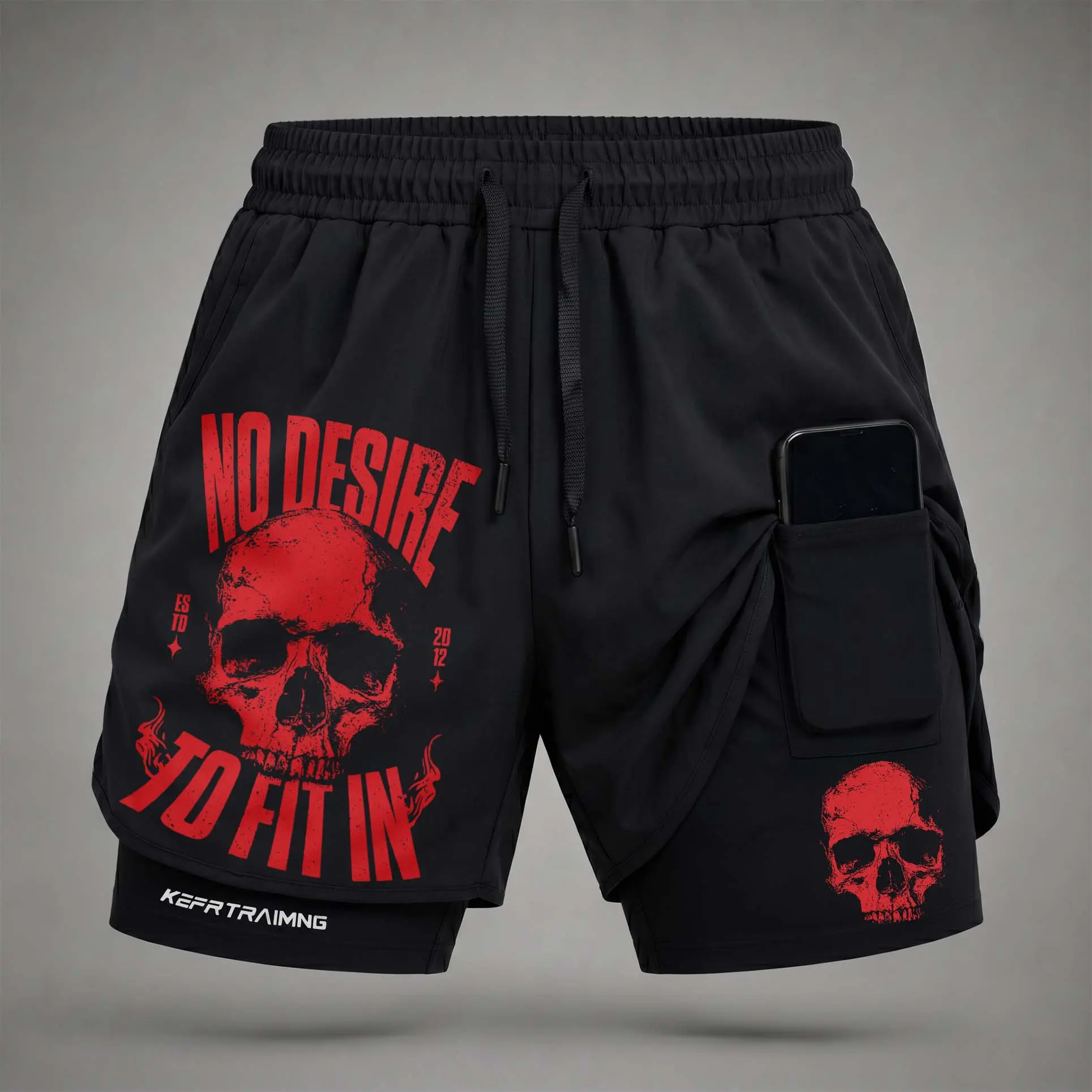 Men’s “No Desire To Fit In Skull” Graphic Print 2-in-1 Athletic Shorts, Built-in Compression Liner, Secure Inner Phone Pocket, Elastic Drawstring Waist, Quick-Dry Gym Running Training Shorts for Summer Daily Wear