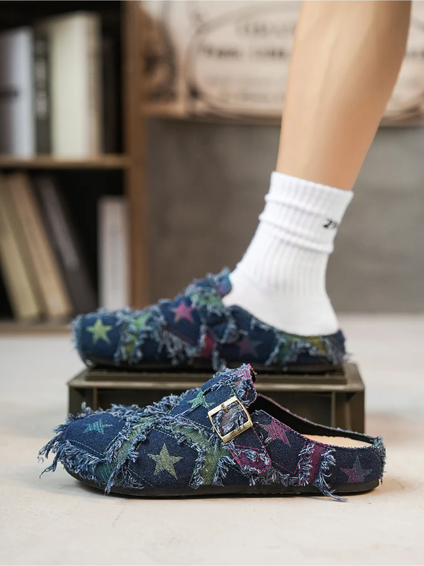 Size runs small Men's Star Print Denim Closed-Toe Mule Slippers, Vintage Fringe Trim Casual Slip-On Clogs with Adjustable Buckle Adjustable Buckle Mules