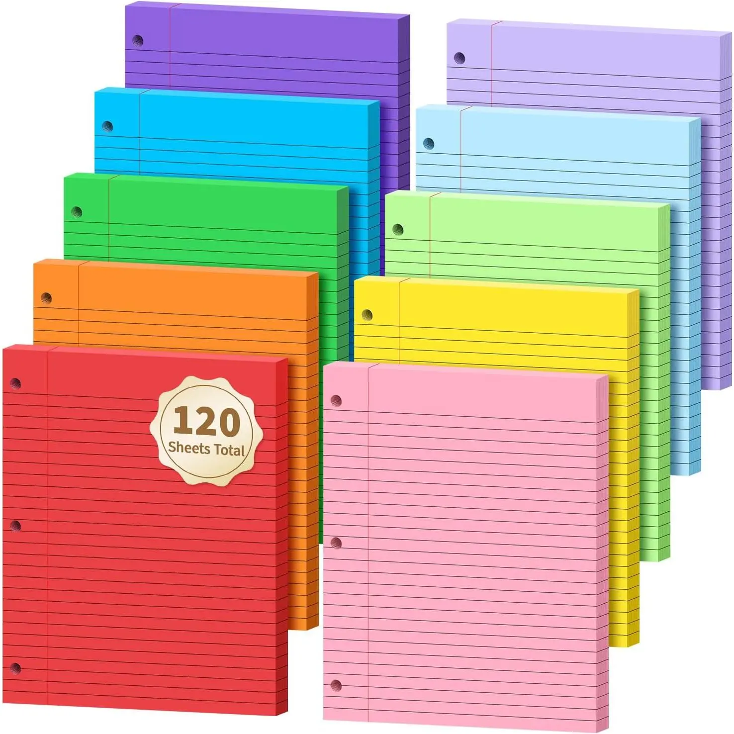 Multicolor Lined Paper, 120 Sheets Loose Leaf Paper, 8”x10.5” Wide Ruled Office Stationery