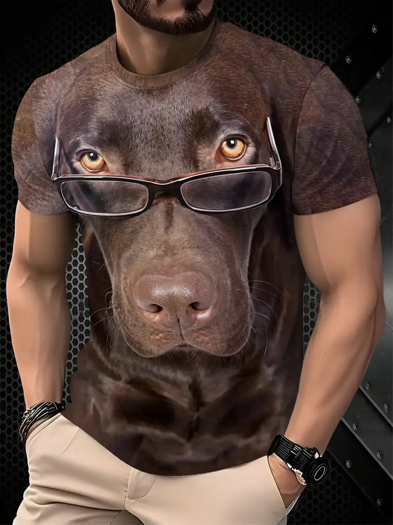 Men's 3D printed dog face pattern T-shirt with glasses - casual short-sleeved round neck summer T-shirt, breathable and machine washable, Casual Loose Tee, suitable for daily going out, outdoor activities, fun design, rich details, Casual Stylish Tee