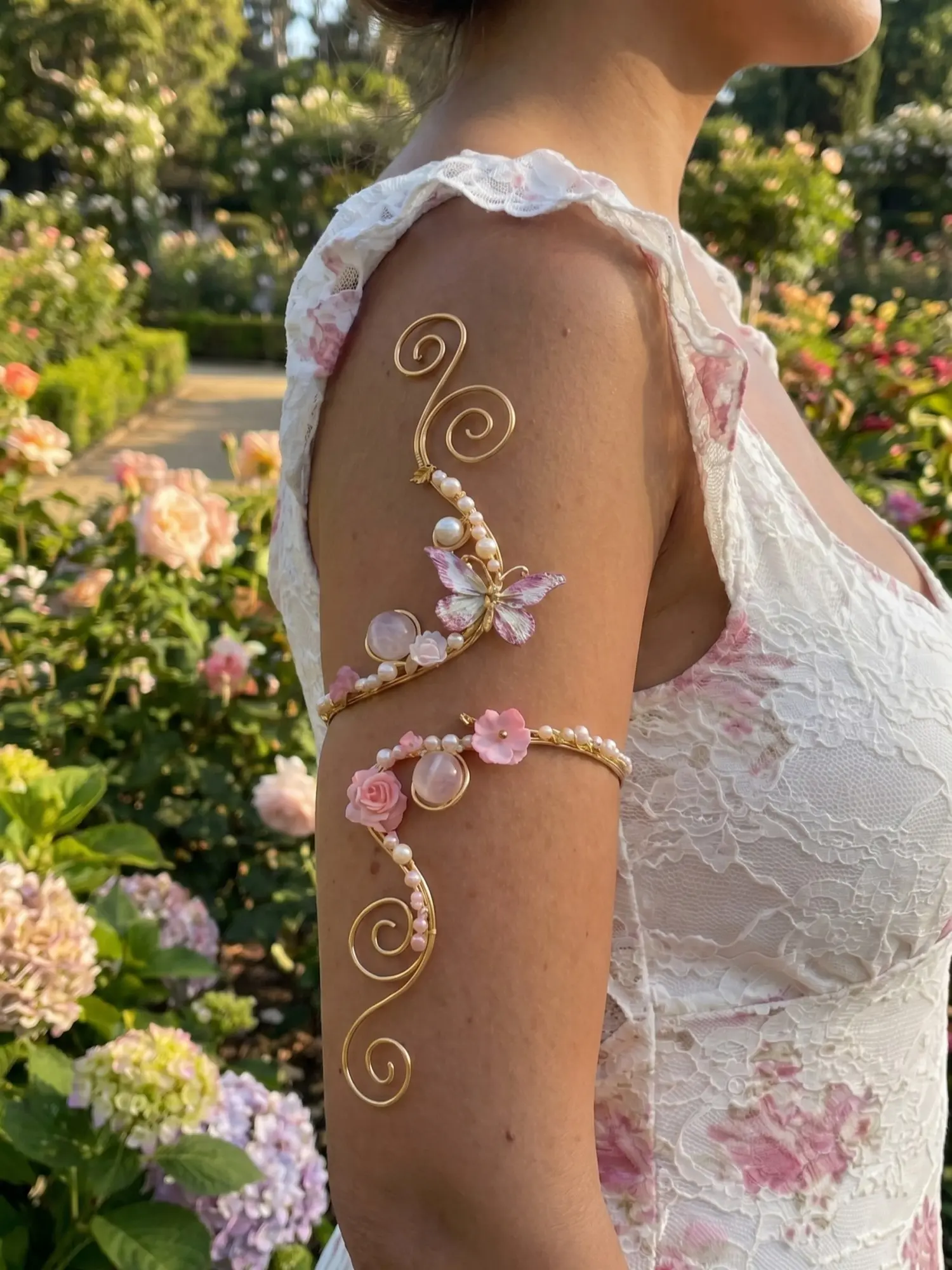 Butterfly Flower Floral Pearl Arm Ring Bracelets, Butterflies Bracelet, Boho Fairy Style, Spiral Hollow Design, Butterfly Pattern, Beach Party Wedding Accessory
