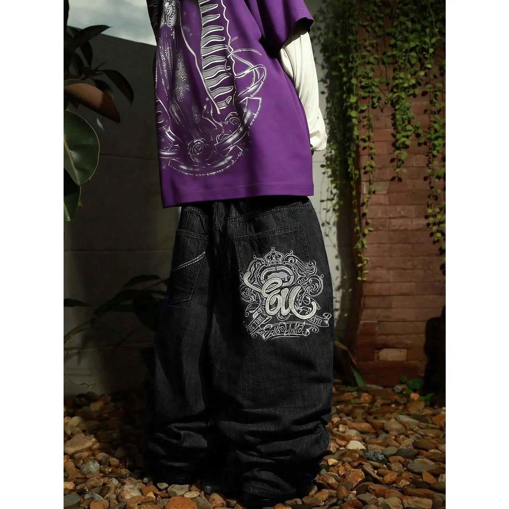 Grunge Goth Y2K Style Men's Casual Embroidered Loose Wide-Leg Jeans, Versatile All-Season, Fashionable Streetwear, Suitable For Work, Commute, Stage Performance, Hangout With Friends, Outdoor Wear
