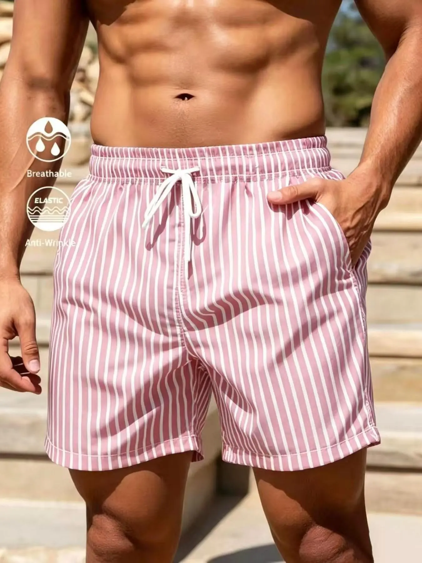 Men's 3D Printed Vertical Stripe Casual Outdoor Beach Shorts, Fitted All over Print, Daily Wear, Comfortable Summer Pants, Striped Casual Shorts