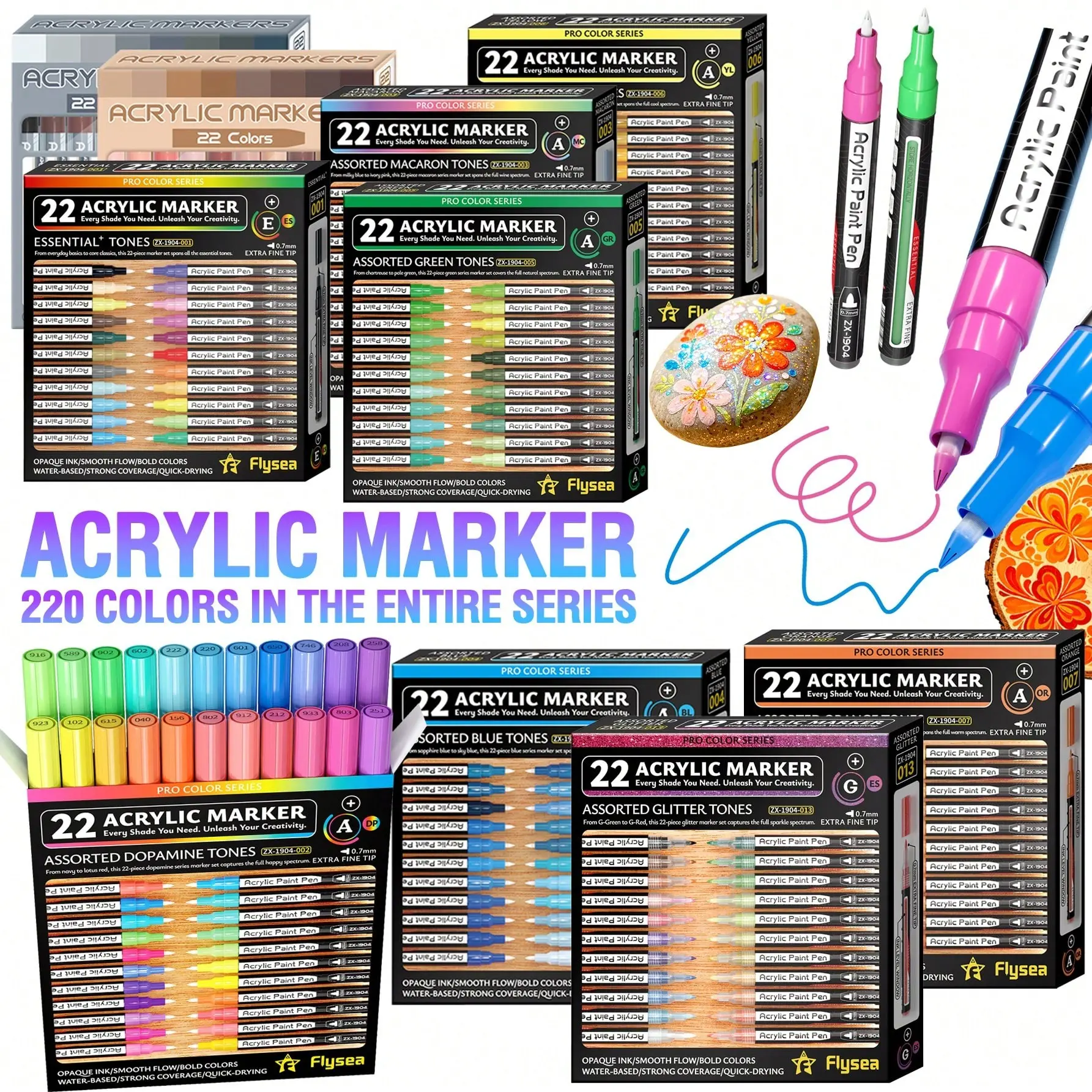 Flysea Acrylic Paint Markers, Art Markers Set, 22-Piece Set, Fine Tip 0.7mm, Quick-Drying, Non-Blotchy, Ideal for Stone, Wood, Metal and DIY Crafts